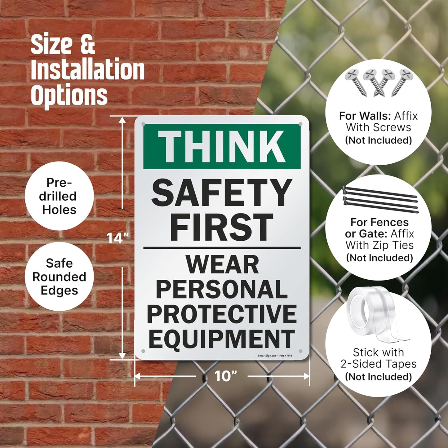 SmartSign - S-2917-AL-14 "Think Safety First - Wear Personal Protective Equipment" Sign | 10" x 14" Aluminum 10" x 14" Non-Reflective Aluminum