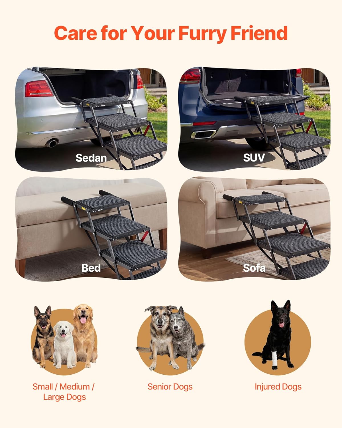 VEVOR Dog Stairs for Car, 4 Steps Extra Wide Foldable Dog Ramp for Large Dogs with Non-Slip Rug Surface, Portable Lightweight Pet Ladder for Car, SUV, Truck, High Beds, Sofas, Support up to 200 lbs