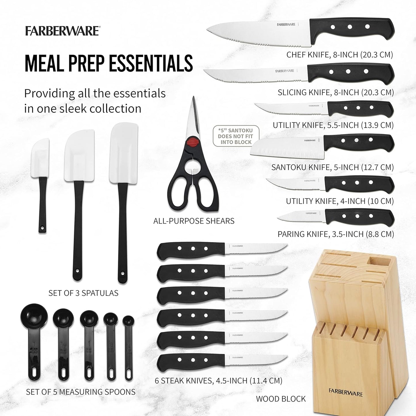 Farberware 22-Piece Never Needs Sharpening Triple Rivet High-Carbon Stainless Steel Knife Block and Kitchen Tool Set, Black, Durable AND Precision Cutlery
