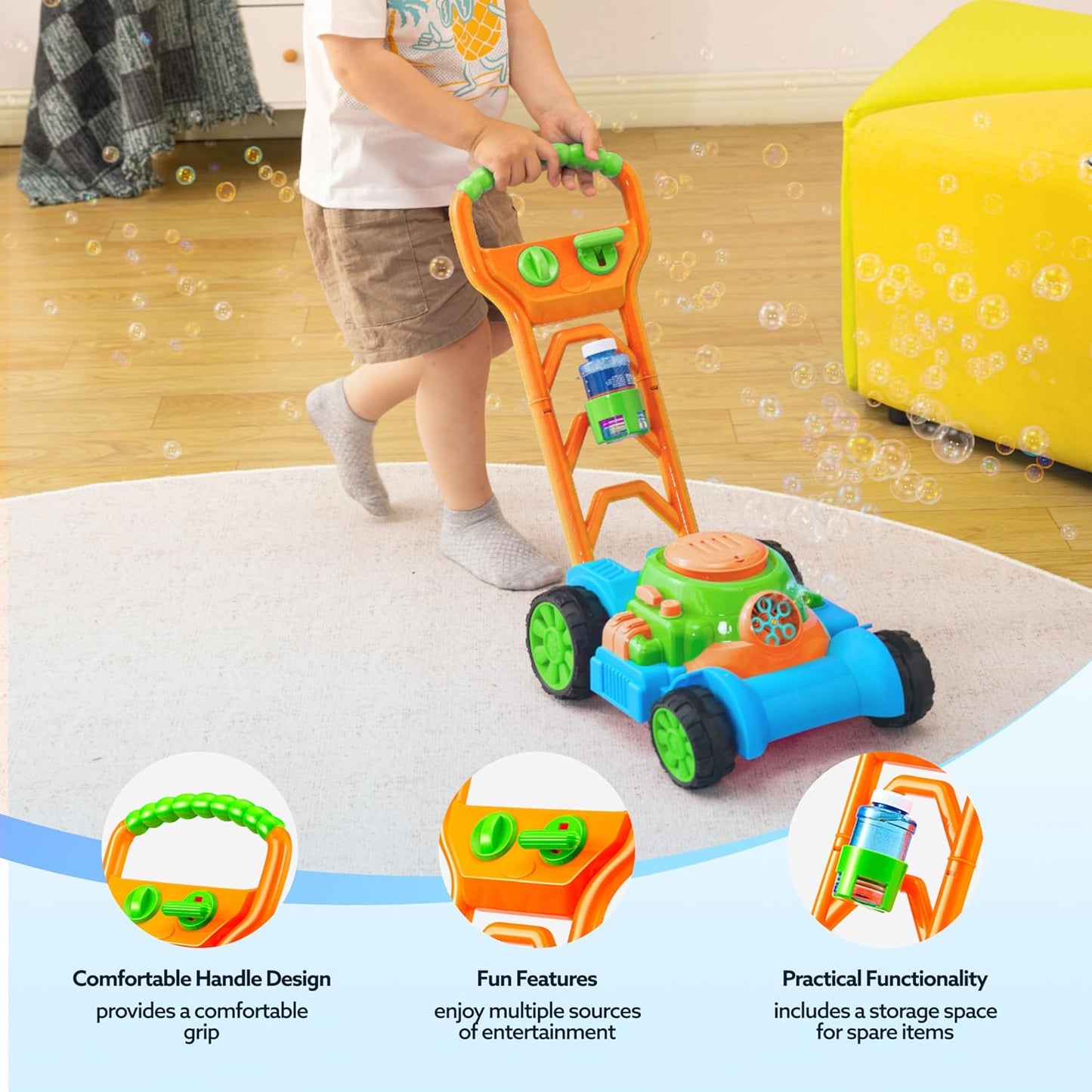 SLOOSH Bubble Lawn Mower Toddler Toys - Spill-Proof Bubble Machine Pretend Gardening Play Toy for Age 1 2 3 1-3 Year Old Baby Boys Indoor Outdoor Use, Easter Basket Stuffers Birthday Gifts (Blue)