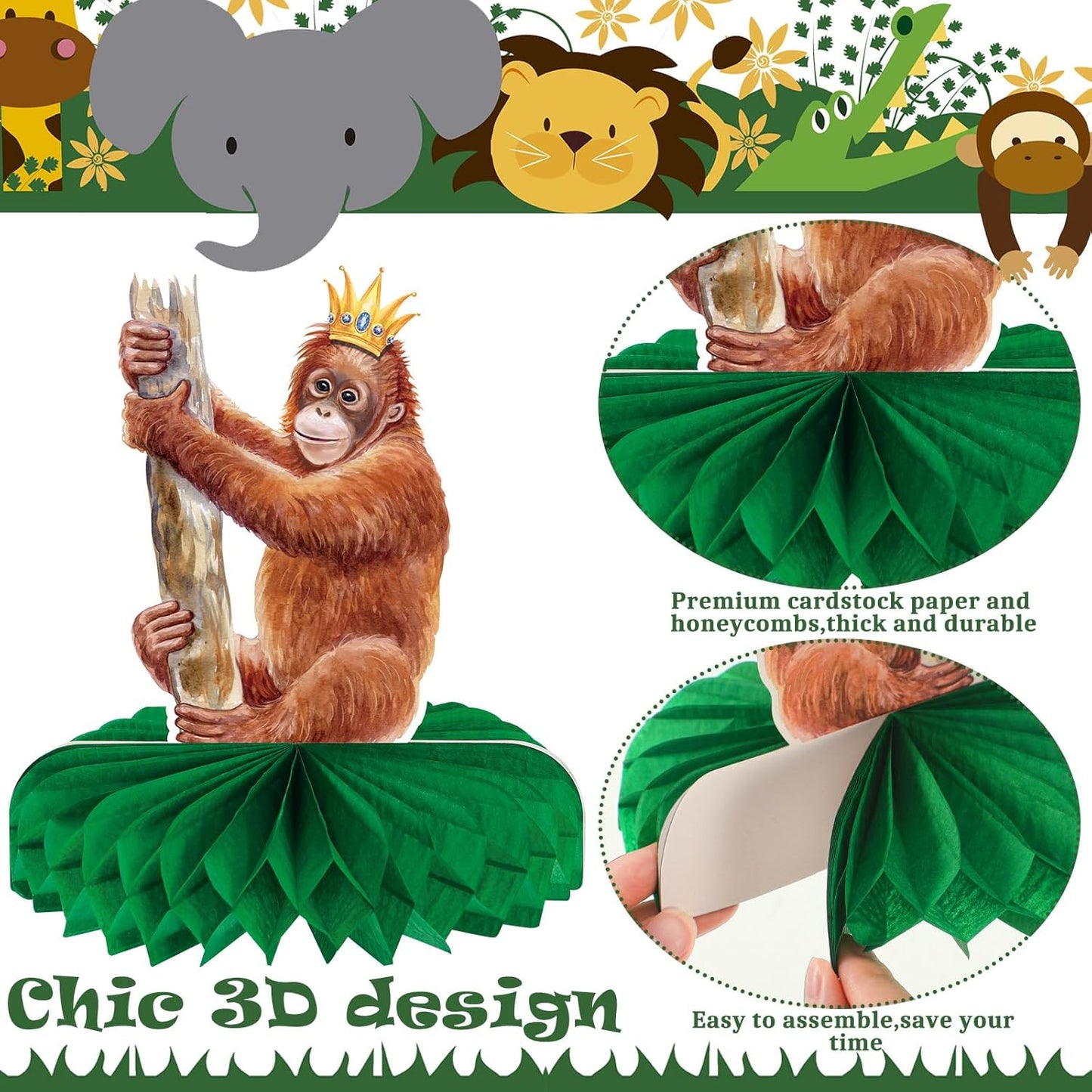 Yeaqee 12 Pcs Jungle Animals Honeycomb Centerpieces Safari Themed Birthday Party Supplies Wild Animals Jungle Party Decorations Baby Shower Table Decorations Centerpieces (Fresh Style)