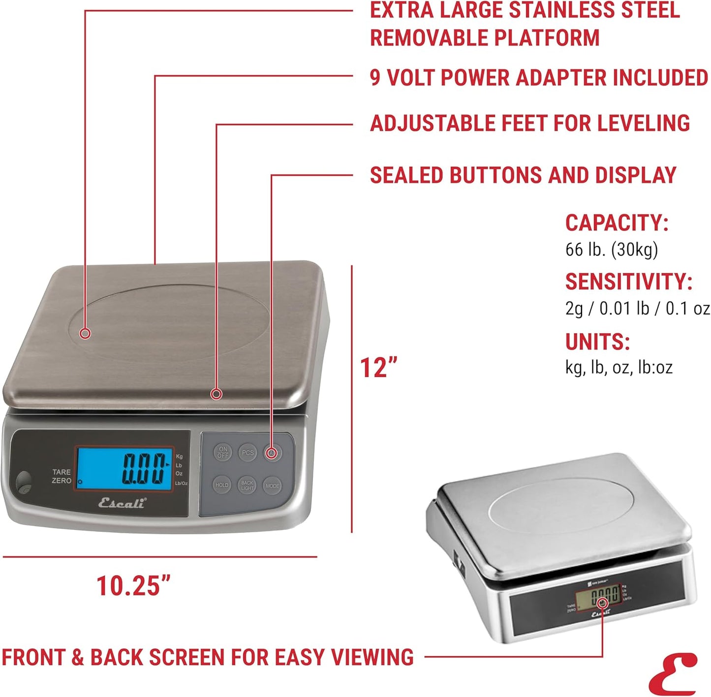 Escali M-Series NSF Certified Digital Kitchen & Industrial Scale, 66 lb Capacity, Dual Display, Spill-Proof, Stainless Steel