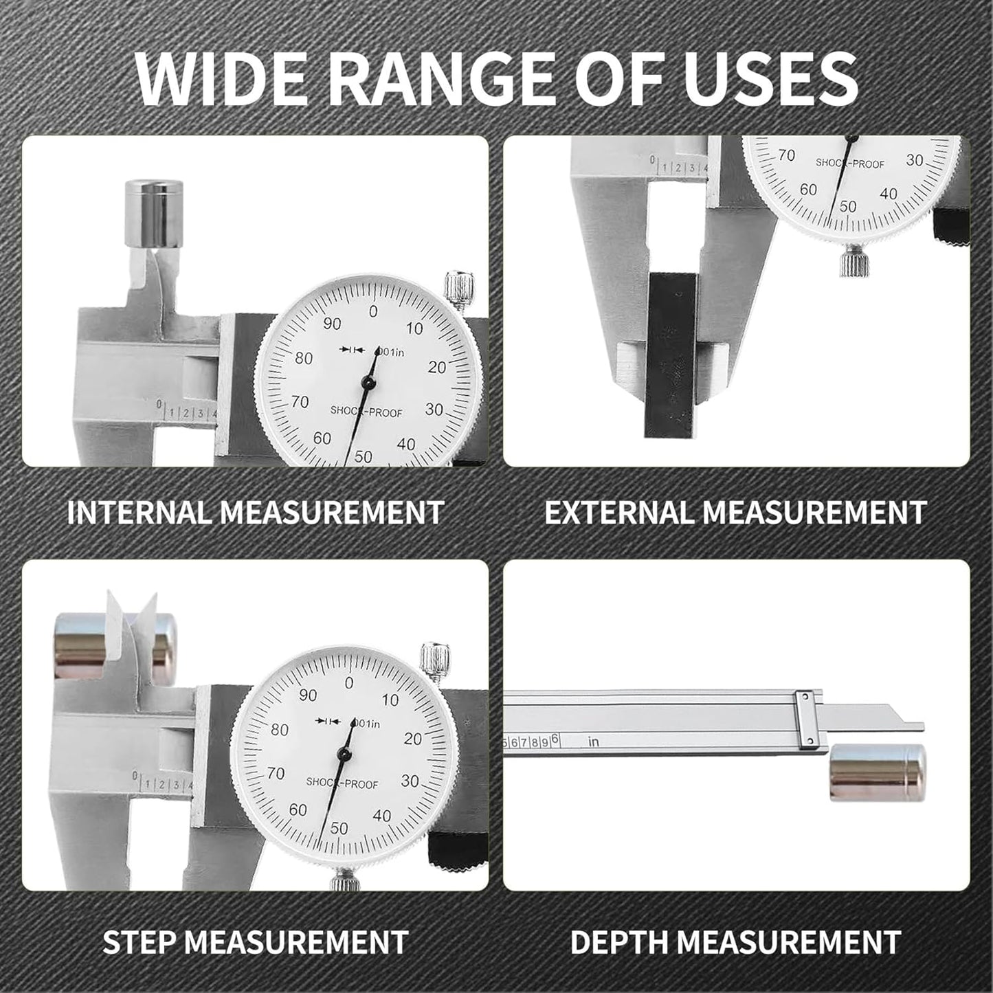 0-6 inch Dial Caliper Measuring Tool Imperial Stainless Steel 4-Way Dial Caliper 0.001" Shockproof with Plastic Case