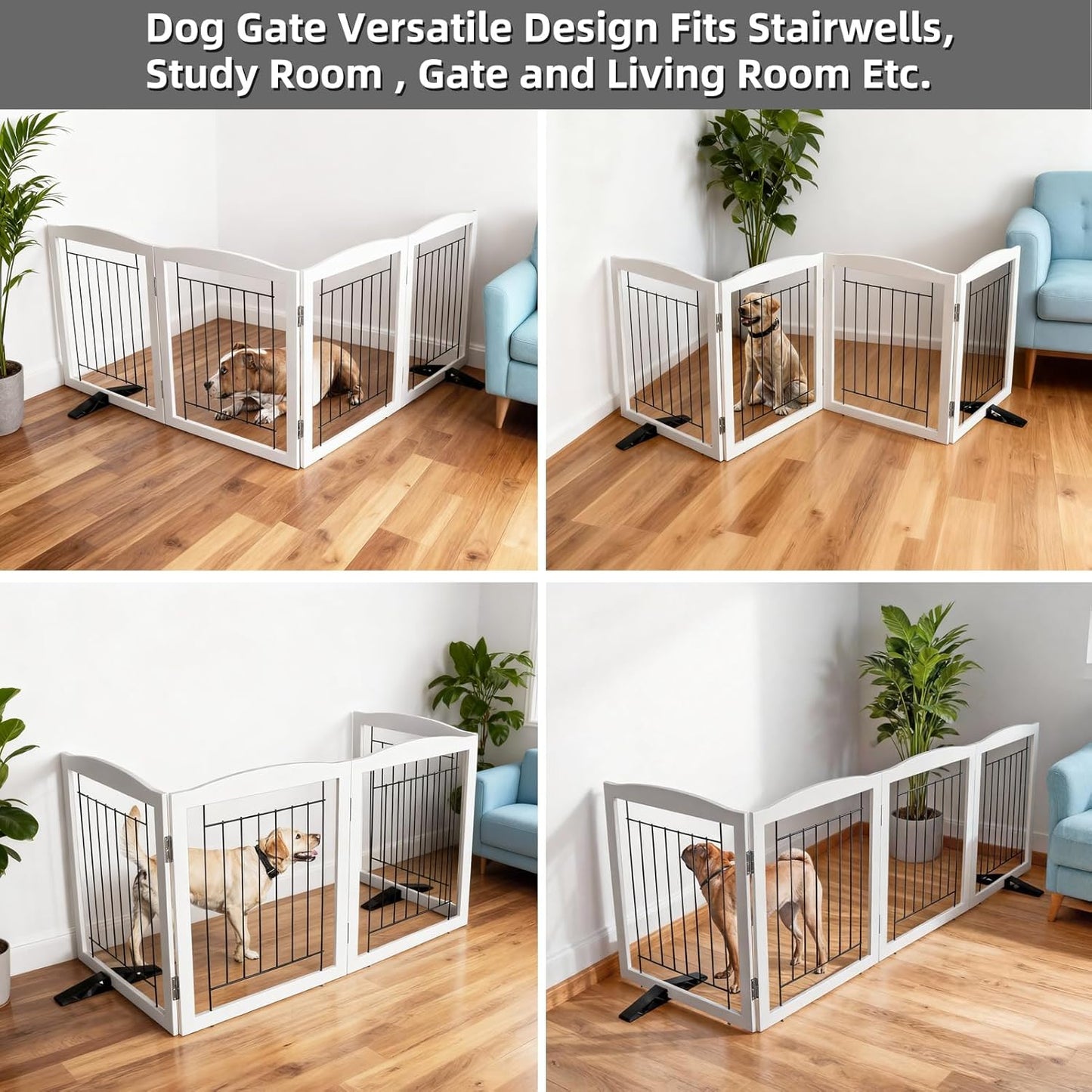 ZJSF Freestanding Dog Fence Indoor, Foldable Dog Gate for Doorways, Stairs or Hallways, Sturdy Wood Extra Wide Pet Gate with Support Feet for The House, White, 32 "Height-4 Panels