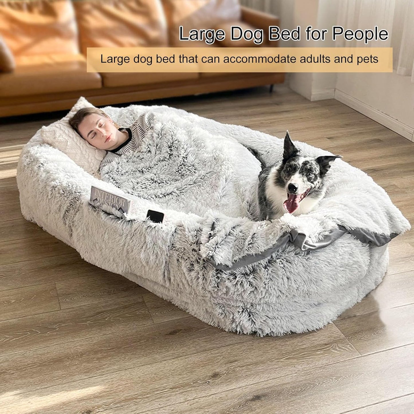 Human Dog Bed for People Adults and Pets, Large Dog Bed with Raised Cushioned Rim, Comfy Plush Large Bean Bag, Removable Cover, Washable Fluffy Floor Bed, Grey