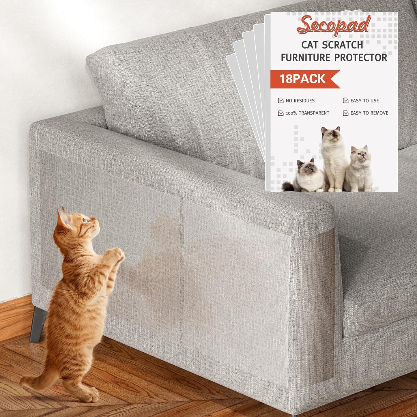 18 PCS Large Cat Scratch Furniture Protector, Transparent Couch Protector from Cat Claws, Single-Sided Self Adhesive Anti Pet Deterrent Sofa Cover, 17IN