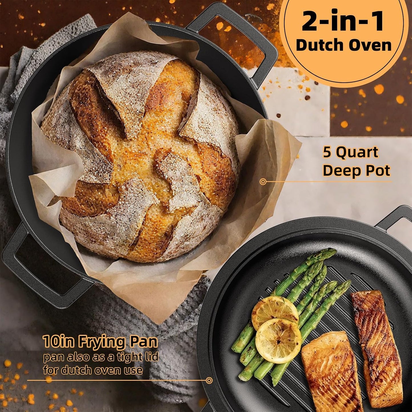 Cast Iron Dutch Oven Pot with Skillet Lid – Pre-Seasoned – Skillet Lid Cooking Pan– PFAS-Free –Umite Chef Cast Iron Skillet Cookware for Bread, Frying, Baking – Dual Handles – Oven, Grill, Campfire & Stovetop Safe – Durable & Non-Toxic, 5QT