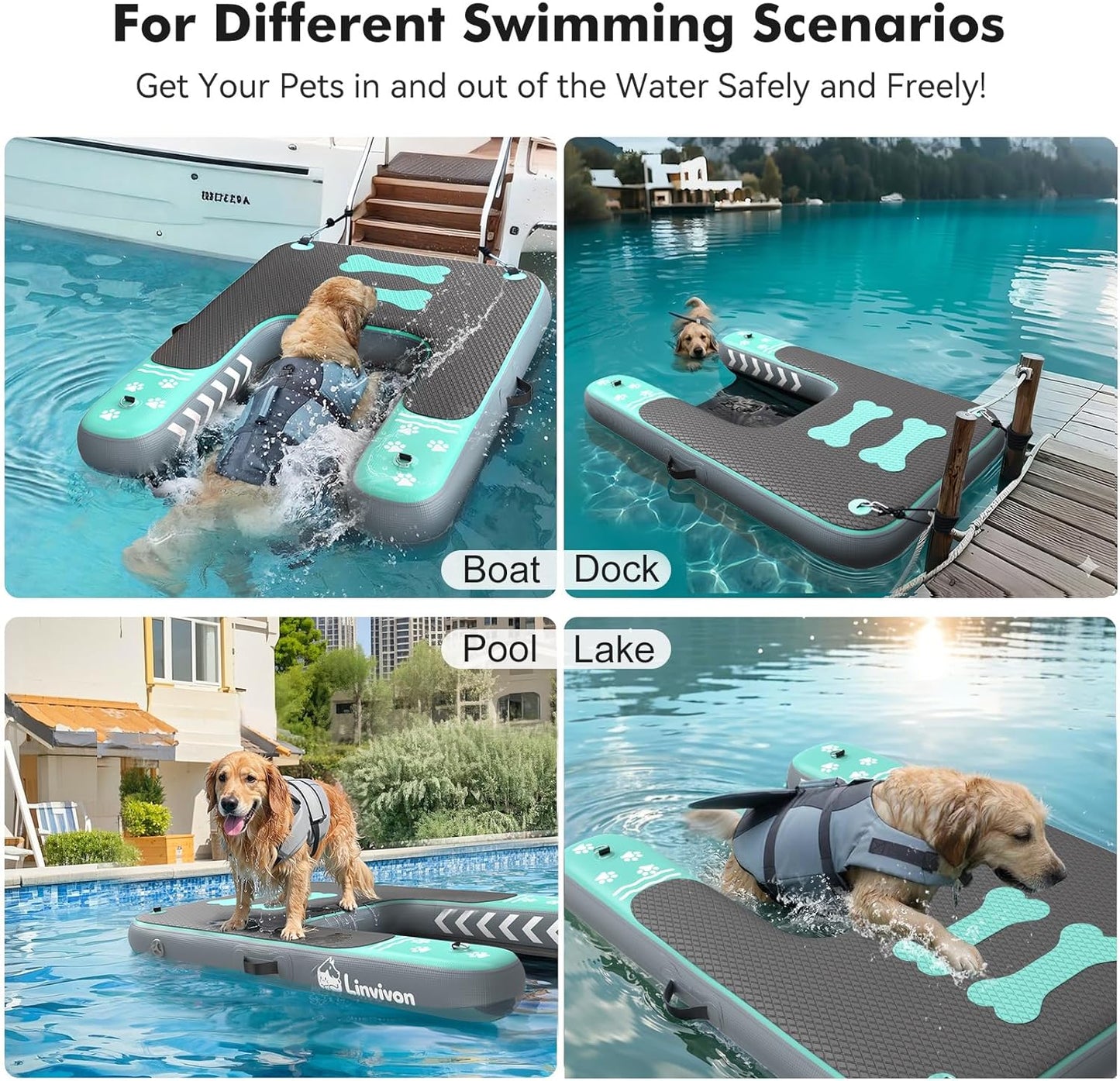 Inflatable Dog Boat Ramp for Dogs Up to 240 lbs, Inflatable Dock Floating Platform with Anti-Slip EVA Foam Safe & Easy Water Access, Dog Ramp for Boat, Pools, Lakes, Boats, Docks, Green