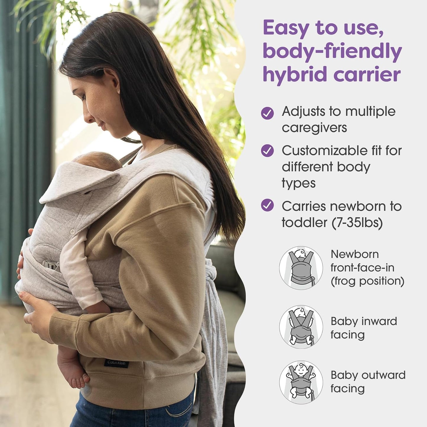 Boppy ComfyGrow Baby Carrier, 7-35lbs, Dove Gray, Newborn to Toddler with 3 Carrying Positions, 3-Stage Adjustable Seat and Head Support, Cotton Fabric