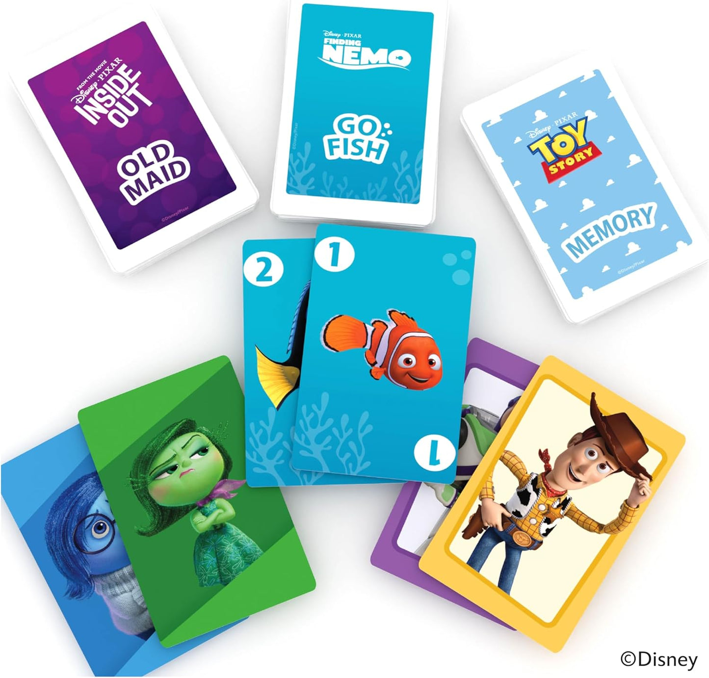 Bicycle Disney and Pixar 3-in-1 Card Games, Old Maid, Go Fish & Memory, Featuring Toy Story, Finding Nemo & Inside Out Characters, Kids Card Games Ages 4+, Family Games for 2-6 Players