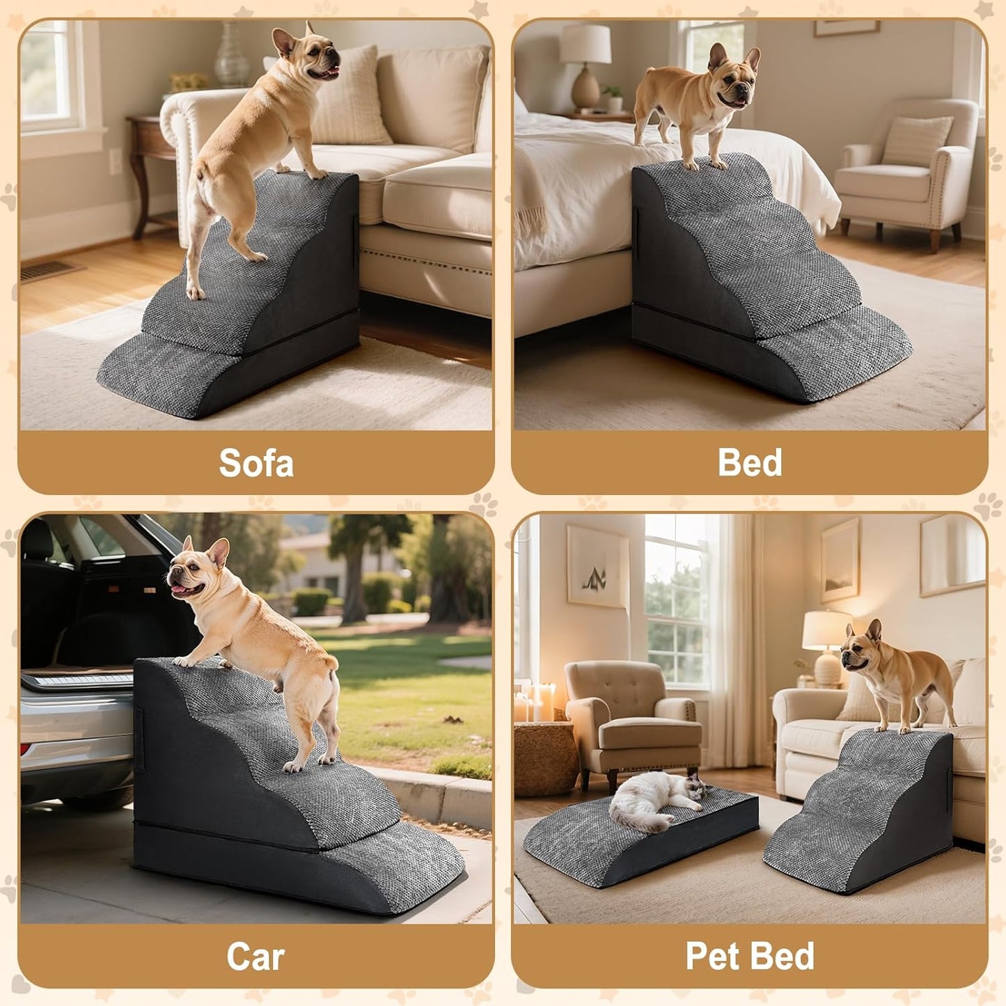 Dog Stairs for Small Dogs, Puppy, Older Cat, High Density Foam Pet Ramp for Sofa, Couch and Bed, 2-in-1 Convertible Dog Steps(3-Step & 4-Step)