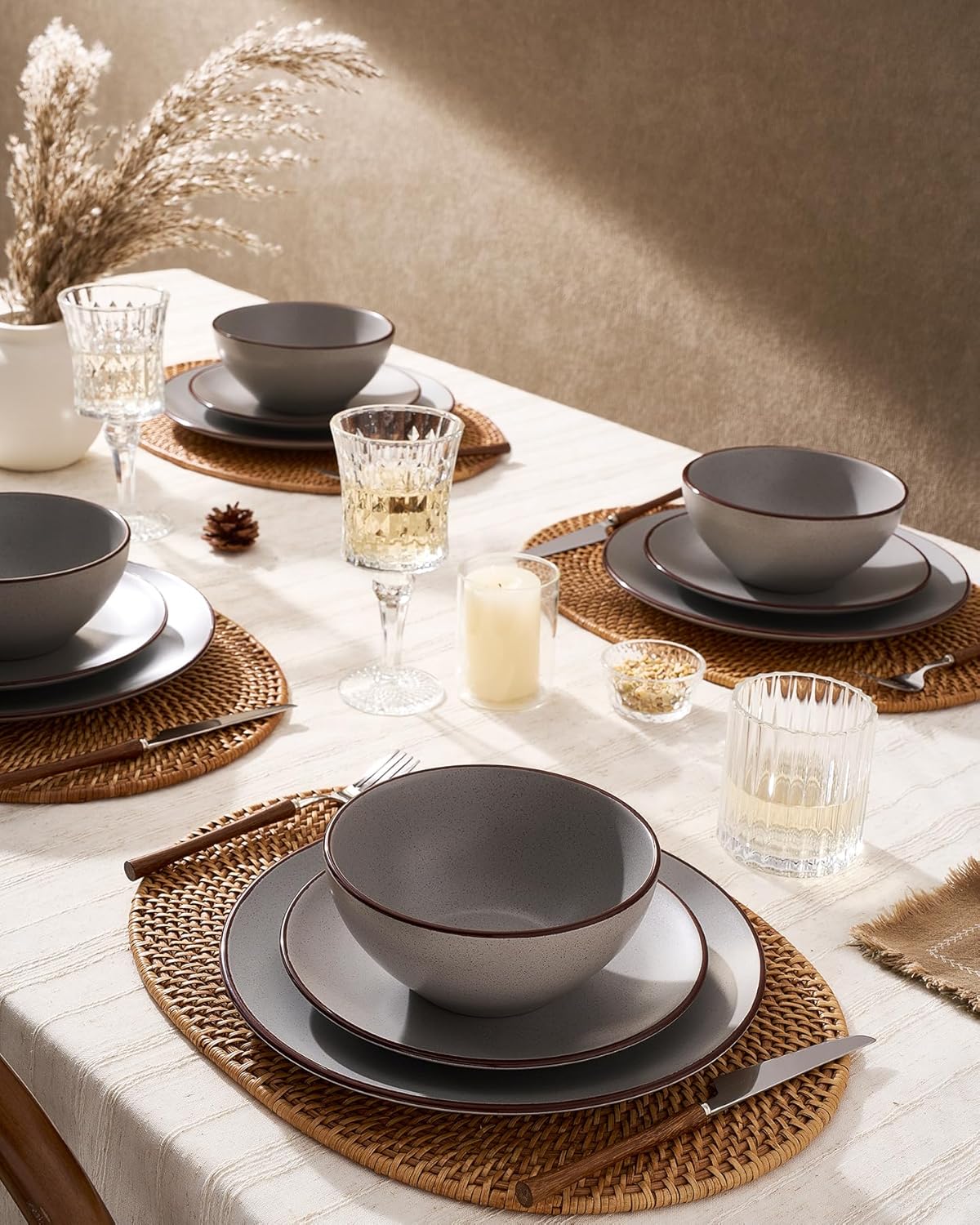 Famiware Venus Plates and Bowls Sets, 12 Pieces Stoneware Speckled Dinnerware Dishes Set for 4, Matte Dark Gray - Microwave & Dishwasher Safe, Modern Minimalist, for Everyday Meals & Formal Dining