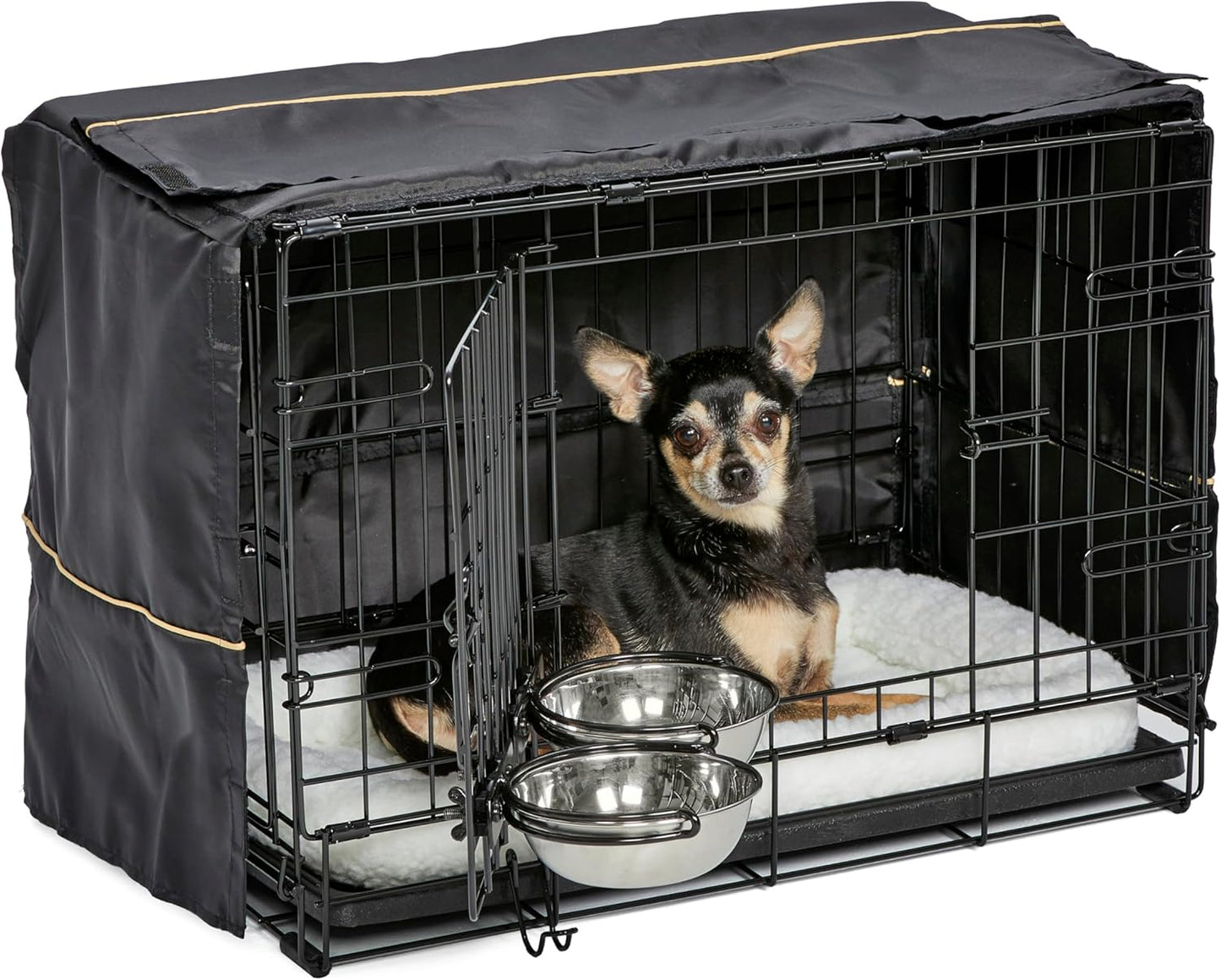 MidWest Homes for Pets XS Double Door iCrate Starter Kit, 22-inch Dog Crate Bundle for Extra-Small Dogs, Includes Cage, Pet Bed, 2 Bowls and Privacy Cover