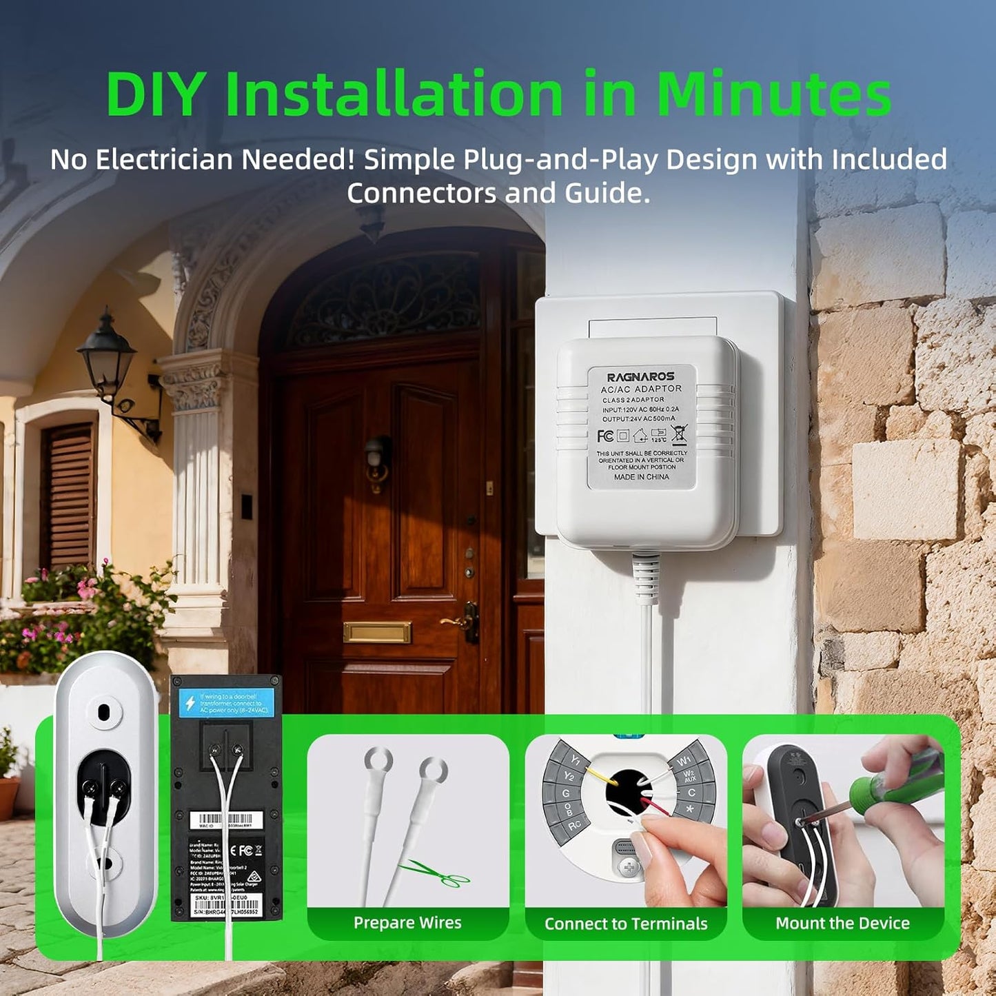 24V AC Doorbell Transformer - 18ft Long Cable Adapter, Universal Compatible with All Ring Doorbells (Pro 1/2, 3, 4, Plus), Nest, Eufy, Wyze - C Wire Thermostat Power Supply