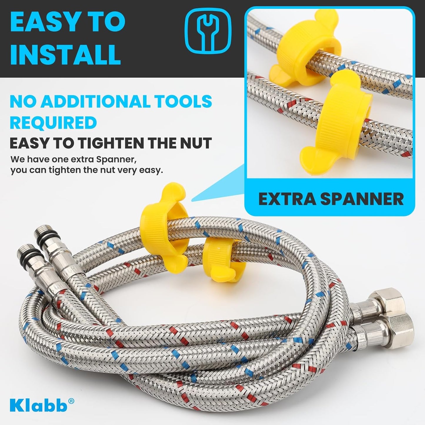 Klabb 32-Inch Stainless Steel Braided Faucet Supply Line, 3/8" Compression Inlet with 1/2" Adapter and M10 Faucet Connection for Bathroom & Kitchen Sinks