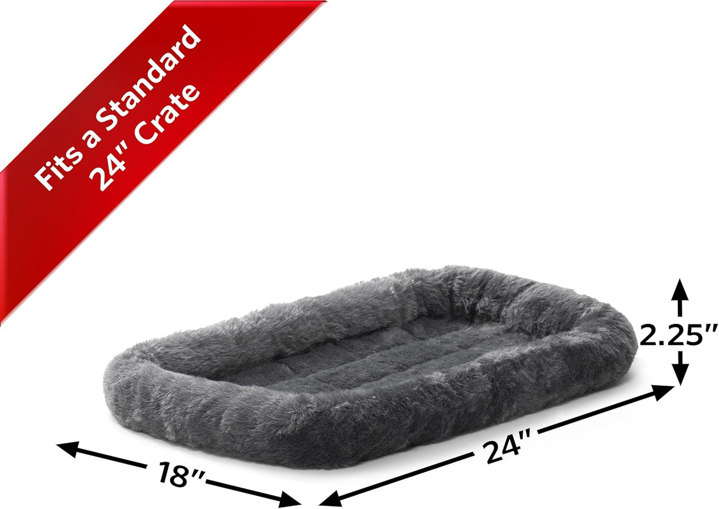 MidWest Homes for Pets Dog Bed – Gray Faux Fur Bolster, Ultra-Soft and Machine Washable, Fits 24-Inch Crates and Carriers, for Small Dogs and Cats