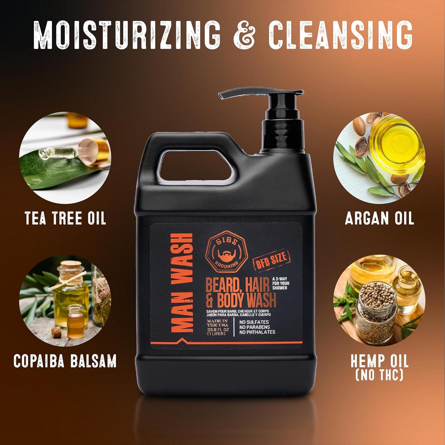 GIBS Grooming - Man Wash 3-in-1 Beard, Hair, Body Soap - Citrus, Oak, Basil Scent - Sulfate Free - Tea Tree Oil, Hemp Oil, Protein - Mens Body Wash & Mens Shampoo - Made in USA