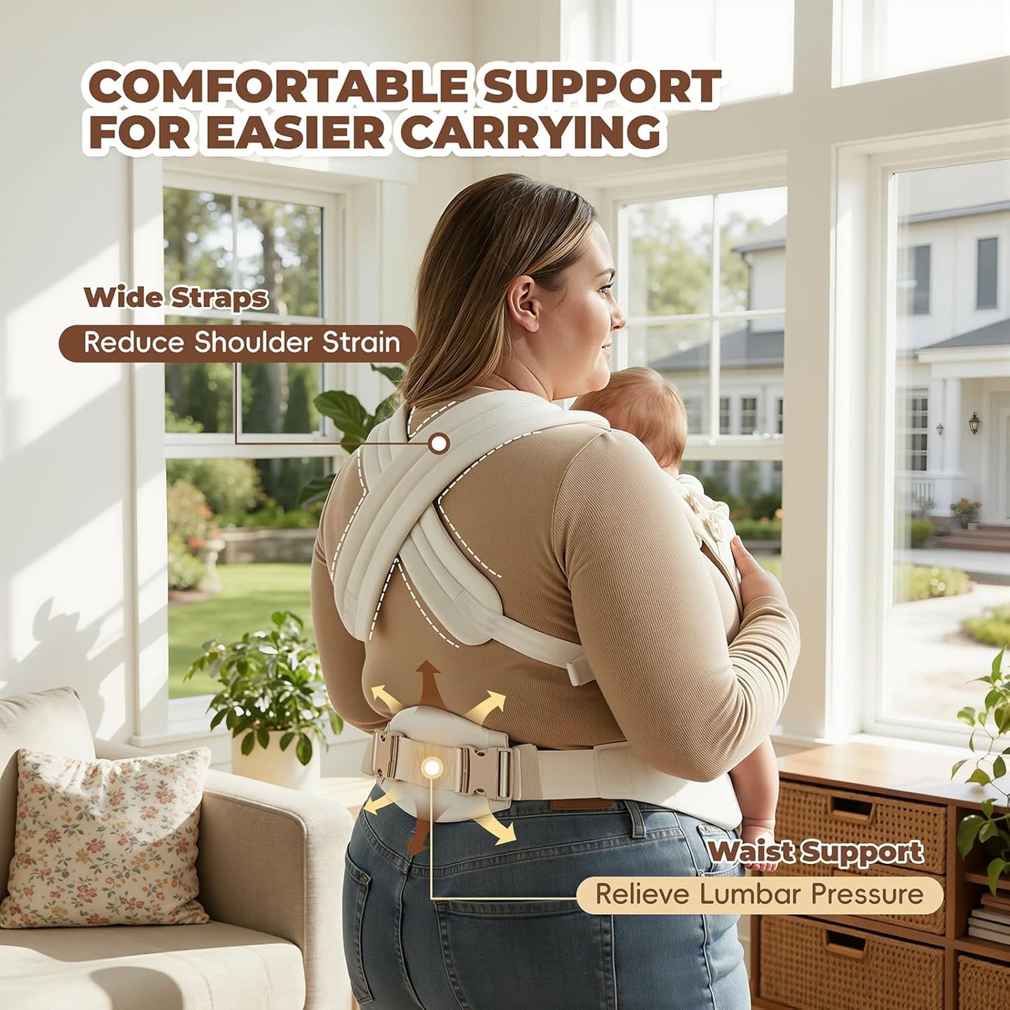 Plus Size Baby Carrier – Widened Shoulder & Waist Straps with Extended Waist, Reinforced Lumbar Support, Linen-Touch Fabric, Ergonomic “M” Position for Newborn to Toddler (7–44 lbs).