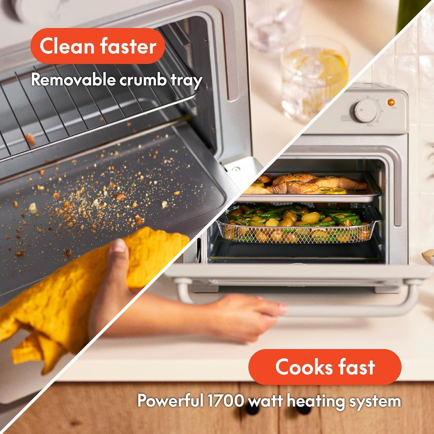 bella Air Fry Toaster Oven, 7 Preset Cooking Options, Dishwasher-Safe EverGood Coated Trays Included, 60-Minute Auto Shutoff w Audible Timer, Power Indicator Light, 1700 Watt, Oatmilk