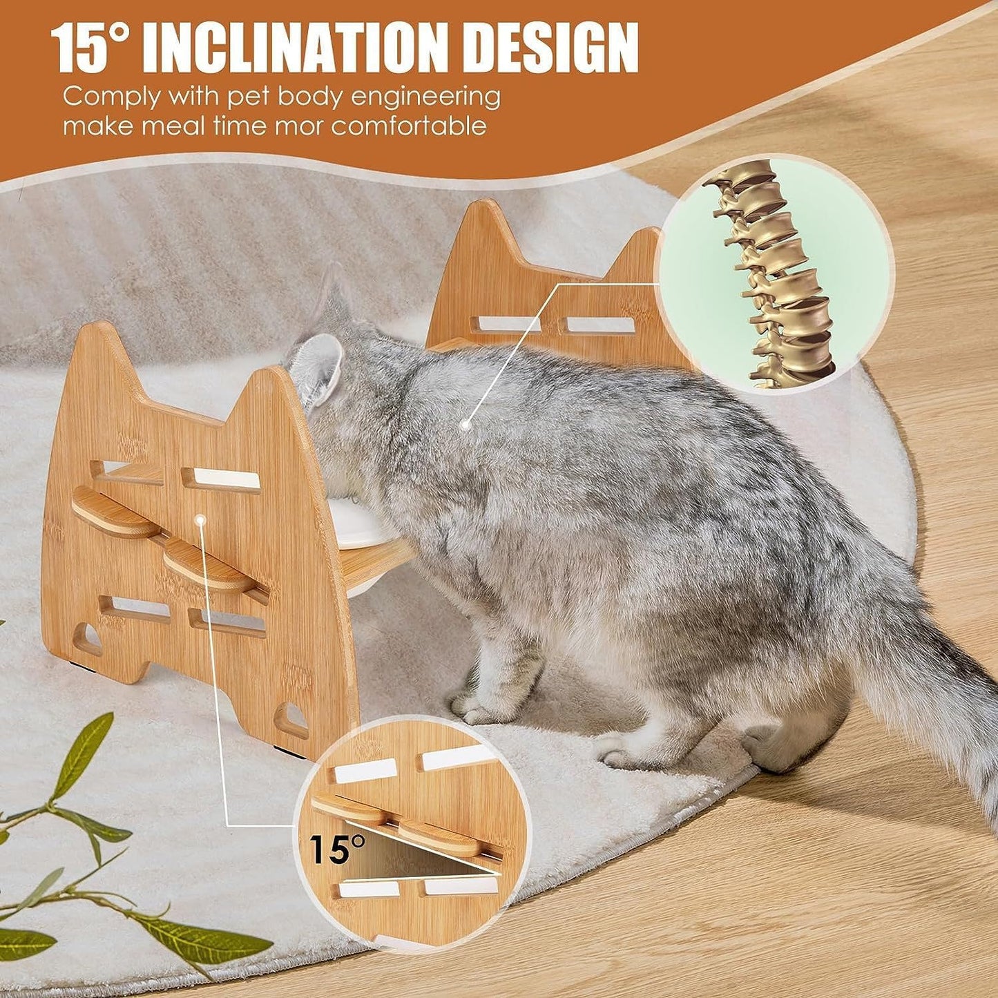 Elevated Dog Bowl Stand with 15° tilt, Adjustable Raised Dog Bowl, Ceramic Bowls, Non-Slip Feet, Foldable Design for Small Dogs and Cats, Slow Feeder Dog Bowls, Better Feeding Posture, Puppy Bowl