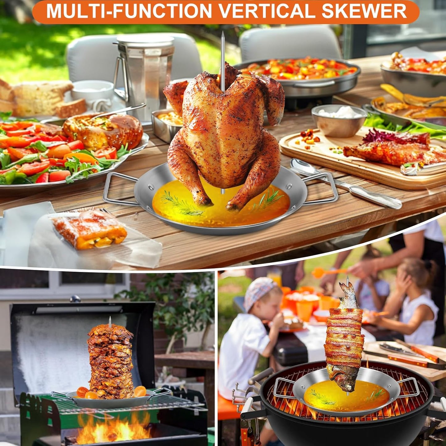 Al Pastor Skewer for Grill, Stainless Steel Vertical Skewer, Brazilian Vertical Spit Stand with 3 Removable Spikes(8”/10"/12”)& Brushes, for Tacos Al Pastor, Shawarma Kebabs Smoker Oven BBQ Dishes