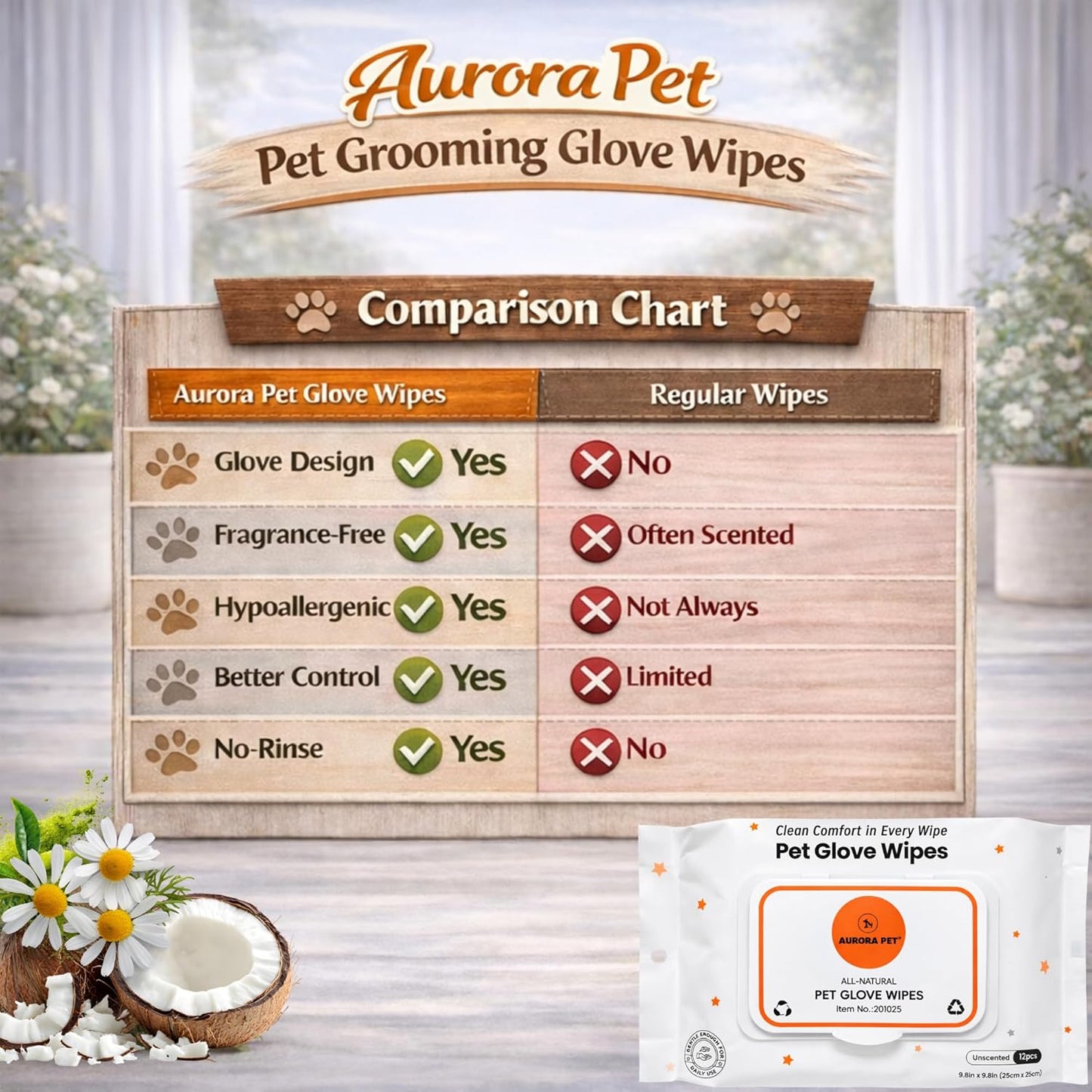 Aurora Pet Glove Wipes for Dogs & Cats, Wearable No-Rinse Grooming Glove Wipes for Paws, Face, Ears & Body, Hypoallergenic Disposable Pet Cleaning Wipes, Unscented, 24 Count