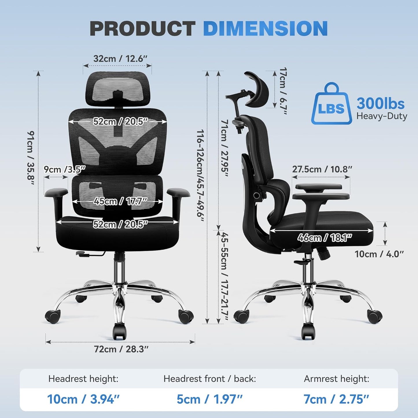 Ergonomic Office Desk Chair, High Back Mesh Office Chair with Adjustable Lumbar Support, 3D Headrest, Big and Tall Home Computer Desk Chairs Comfy for Work, Gaming, 300lbs, Black