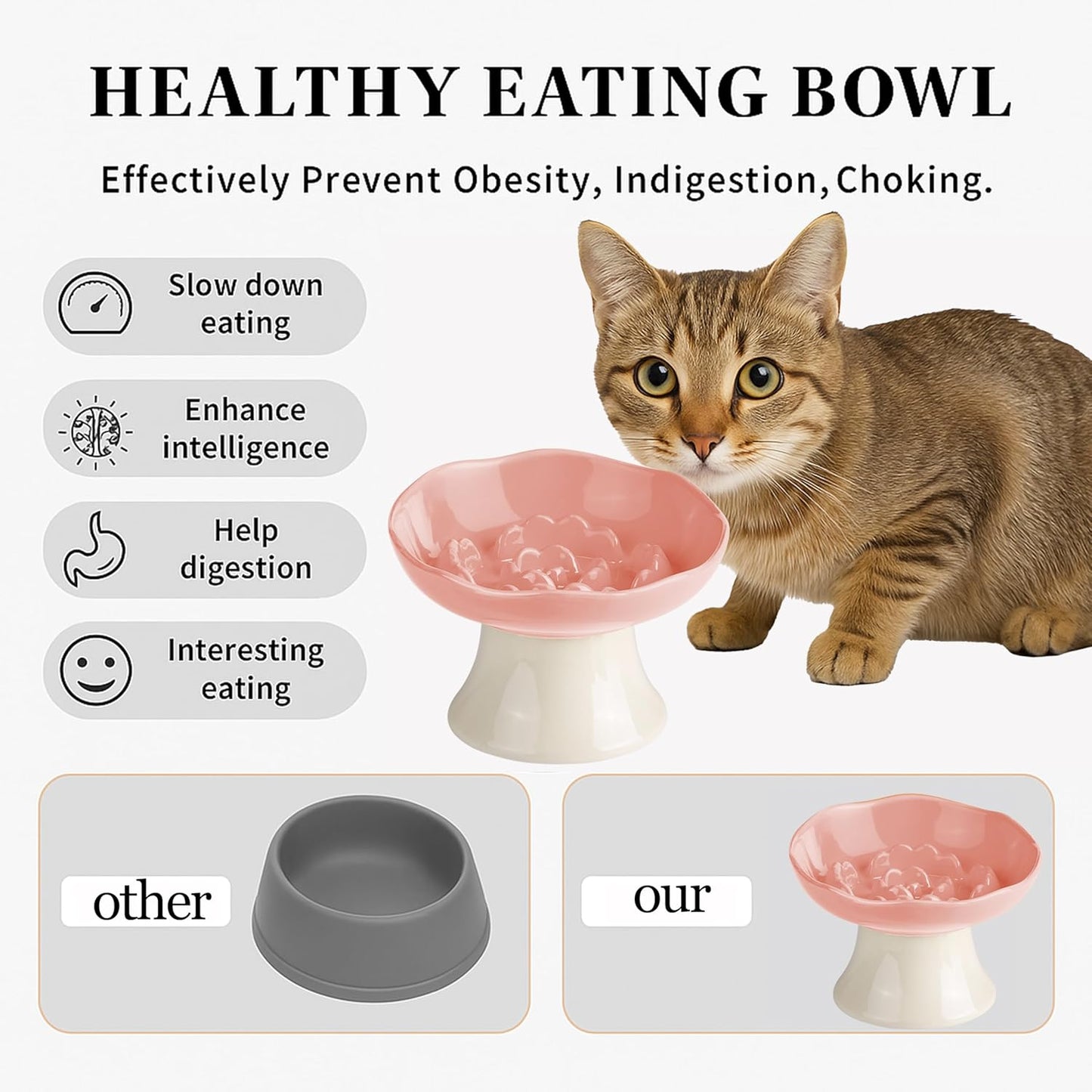 Ceramic Slow Feeder Bowl for Cats and Small Dogs, Elevated Tilted Pet Food Dish, Whisker Friendly Anti-Vomit Design, Heavy Stable Base, Dishwasher Safe， 5 Colors Options (Blush Pink)