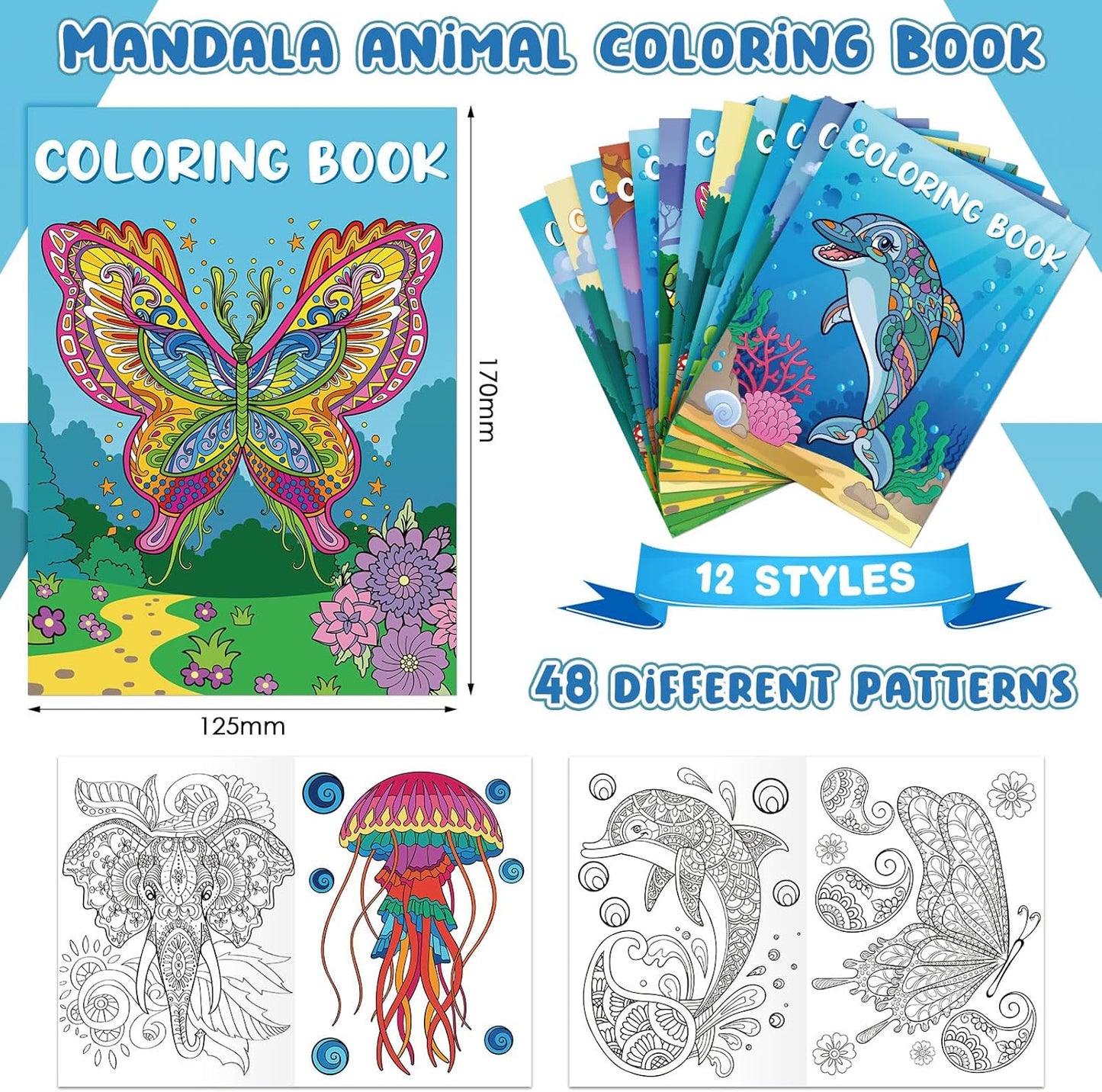 Pasimy 48 Pcs Animals Coloring Books DIY Mandala Ocean Jungle Animal Coloring Book Mini Holiday Activity Supplies for Kids Adult Party Favors Gift Bags Filler Classroom Activity