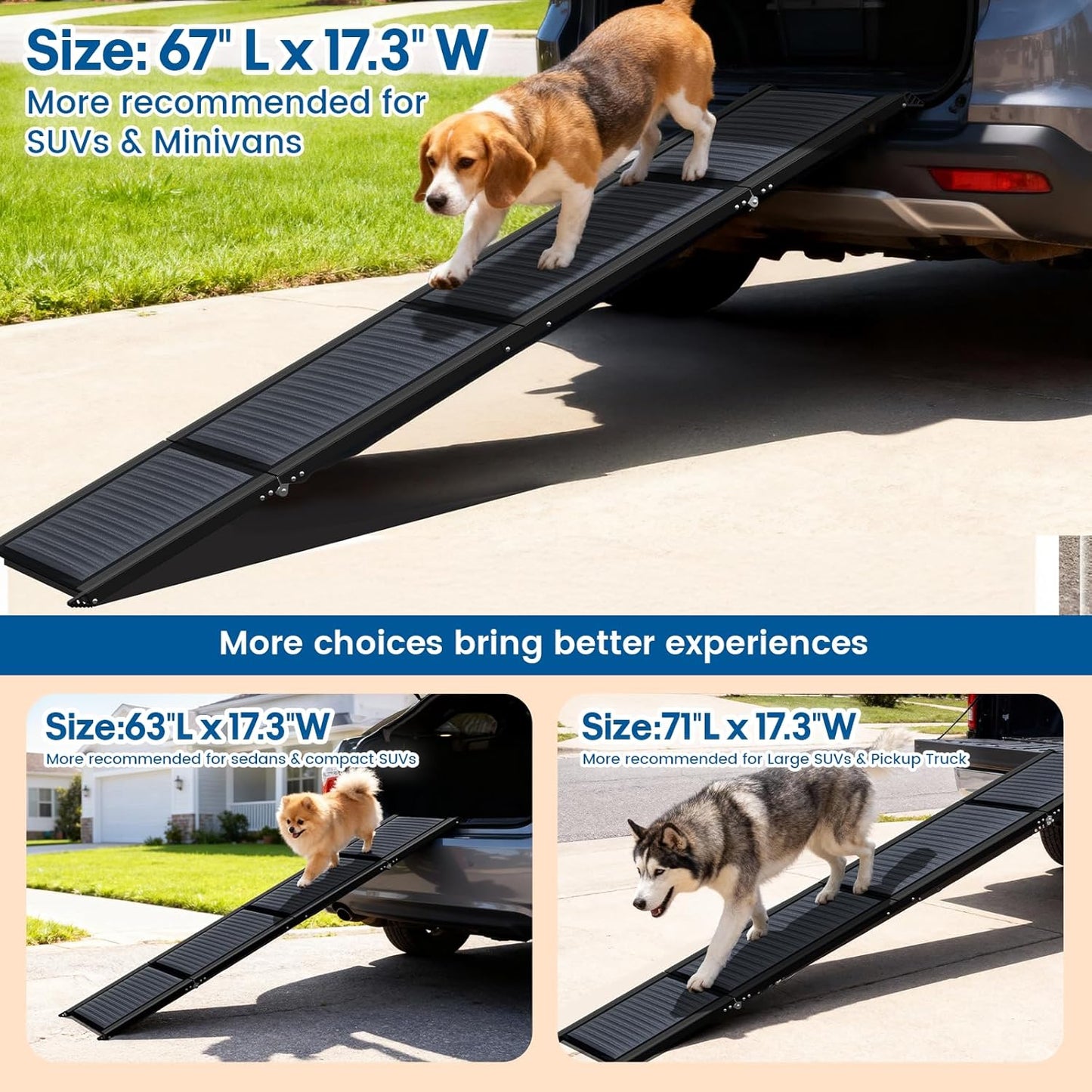 HBTower 67" Long & 17.3" Wide Folding Dog Ramp for Car, SUV & Truck – Portable Pet Ramp with Non-Slip Surface, Extra Wide Steps for Large Dogs Up to 250LBS