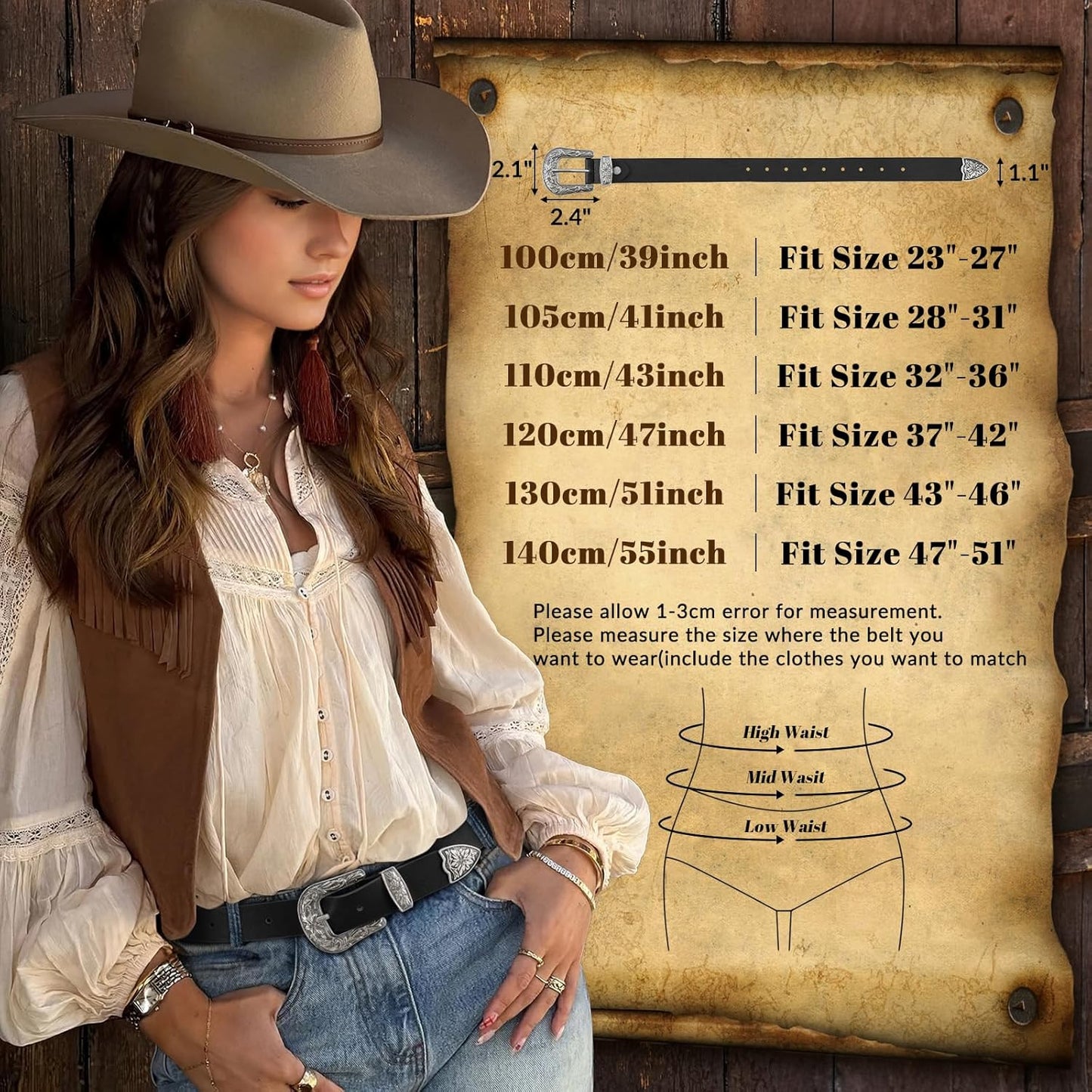 JASGOOD Women Leather Belts Ladies Vintage Western Design Black Waist Belt for Pants Jeans Dresses