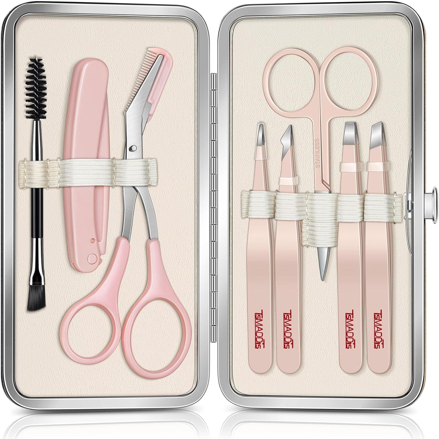 TsMADDTs Tweezers for Women Facial Hair, 8 in 1 Eyebrow Kit with Tweezers, Eyebrow Trimmer Scissors, Razor, Brush with Travel Bag, Hair Plucking Daily Beauty Tools