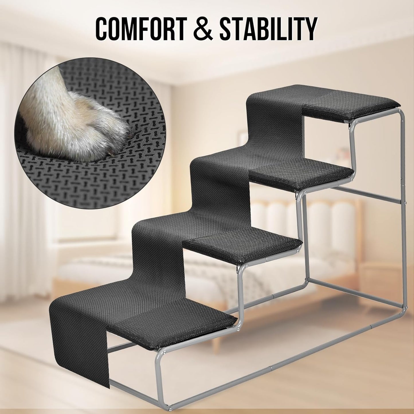 OneTigris Dog Stairs for Small Dogs, 4-Step Dog Ramp for Bed 22.5" H, Dogs Steps for Bed, Couch, Pet Stairs with Non-Slip Bottom Design, Cat Scratching, Pet Steps, Indoor, Grey