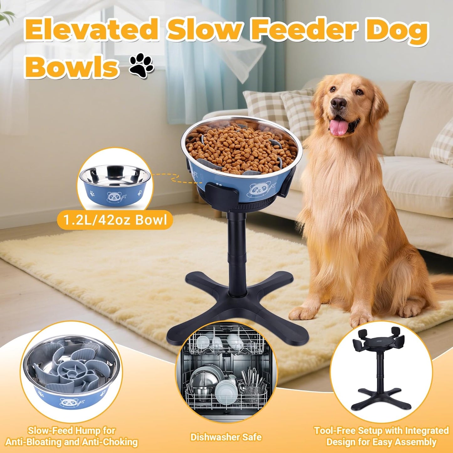 Elevated Slow Feeder Dog Bowl Adjustable Stand,Tilted ABS Base,Fits 5.5-9.5" Bowls, Anti-Spill & Non-Slip, Heavy Duty for Med/Large Dogs(with Stainless Steel Bowls 1 Pack)