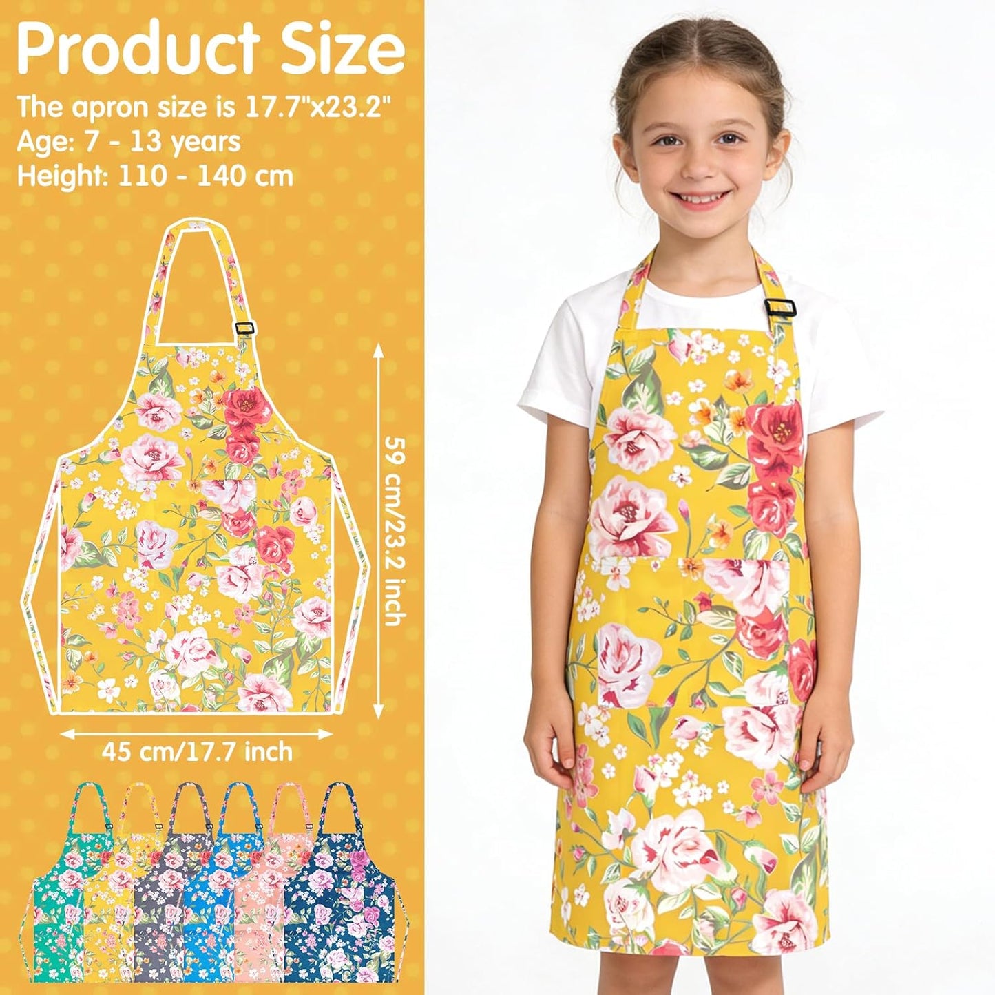 Kids Apron with Pockets, Polyester Floral for Cooking & Gardening, Adjustable Neck, Toddlers, 17.7x23.2 Inches