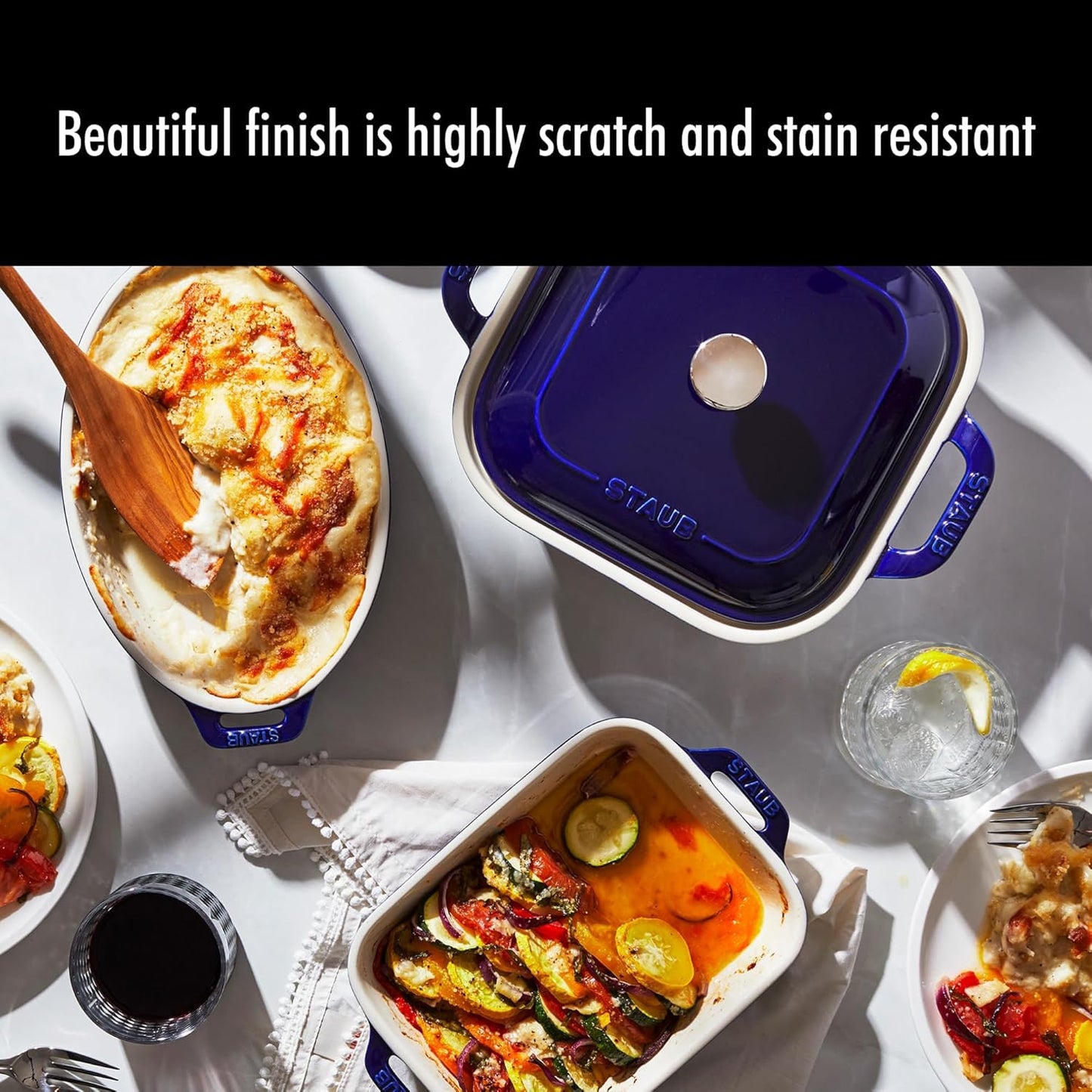 STAUB Ceramic 4-pc Baking Pans Set, Casserole Dish with Lid, Brownie Pan, Dark Blue