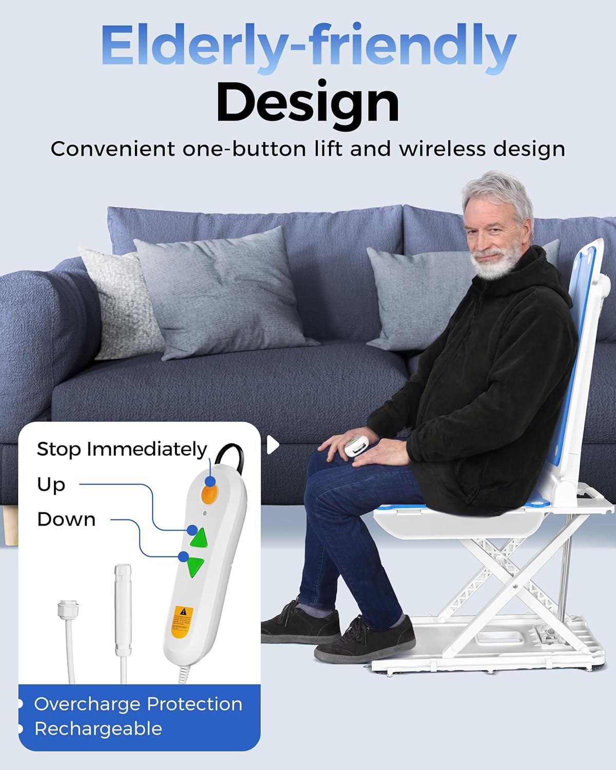 Electric Chair Lift - Floor Lift for Elderly Falls, Support Up to 308 LB, IPX8 Waterproof Bath Lift, Foldable & Wireless Rechargeable Design, Quick-Rise Assist for Disabled