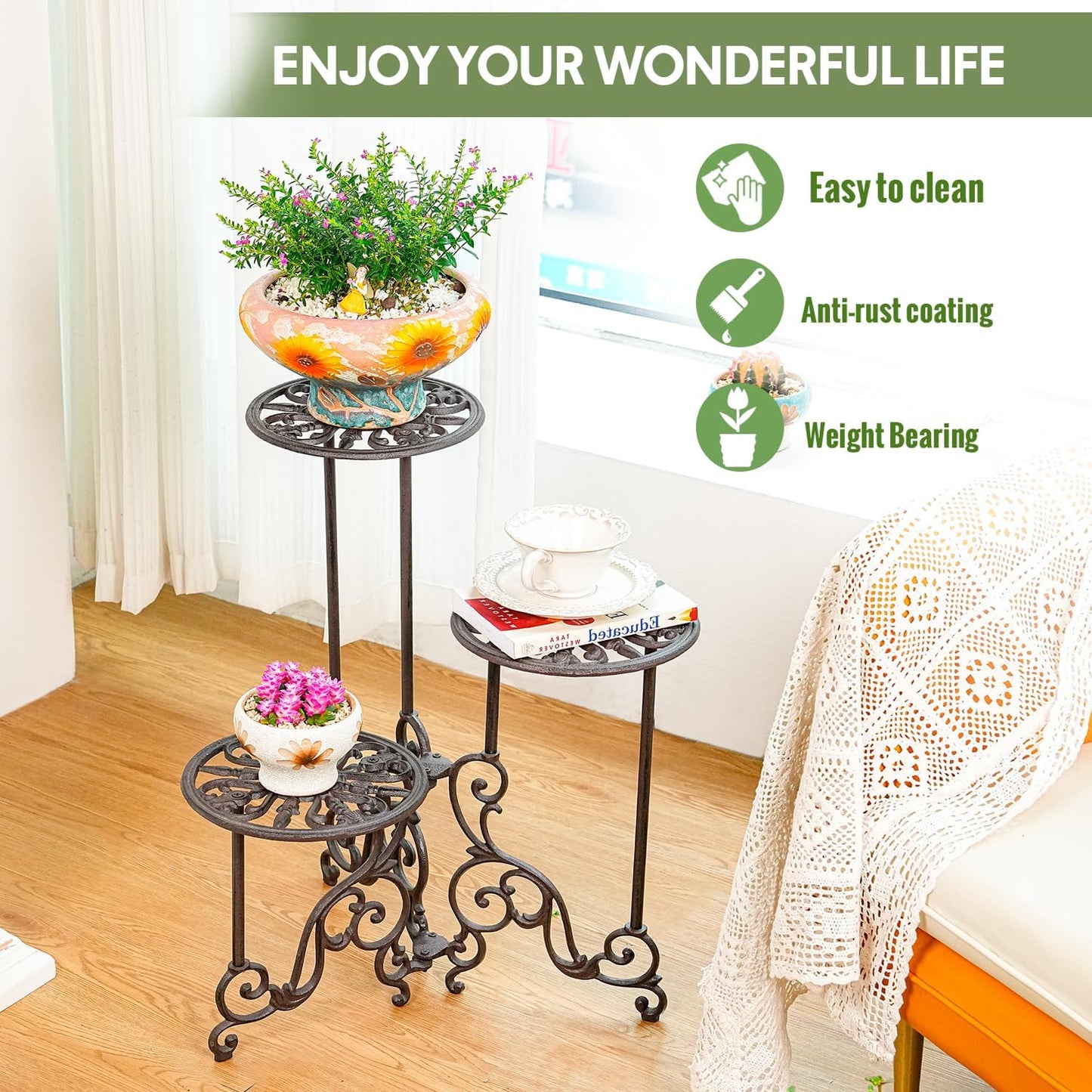 Sungmor Heavy Duty Cast Iron Plant stand, 3 Tier Foldable Metal Plant Shelf, 24in Tall Vintage Flower Pot Holder Indoor Outdoor Tiered Plant Stand, Rustic Plant Display Rack for Corner Balcony Patio