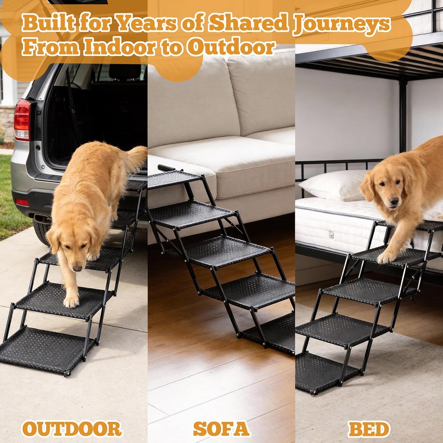 Extra Wide Dog Stairs for Car - Foldable 5-Step Non-Slip Pet Stairs for Home, Lightweight Dog Steps for Senior & Large Dogs to SUV, Truck, Bed - Supports 250 lbs