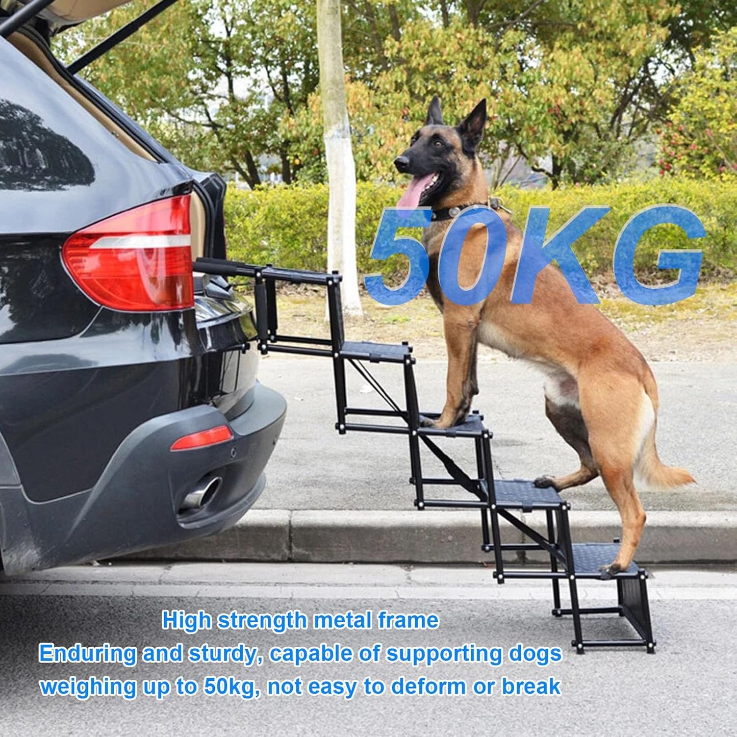 Luqeeg Foldable Dog Ramp, 5 Step Portable Dog Stairs, Non Slip Surface Wide & Gentle Slope Secure Fastening Pet Ladder Ramp with Soft Handles for SUV Truck High Bed Sofas