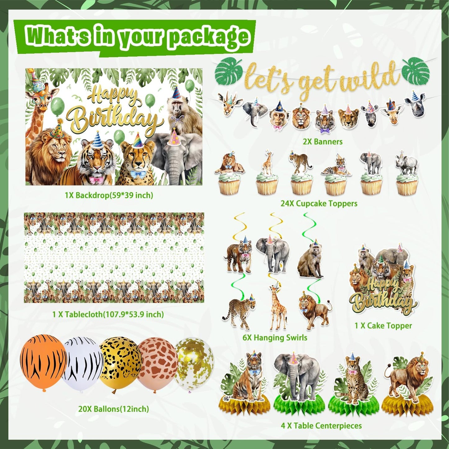Safari Birthday Party Decorations, Jungle Wild Animals Birthday Party Supplies Decor with Backdrop, Banner, Balloons, Cake Toppers, Tablecloth, Centerpieces, Hanging Swirls