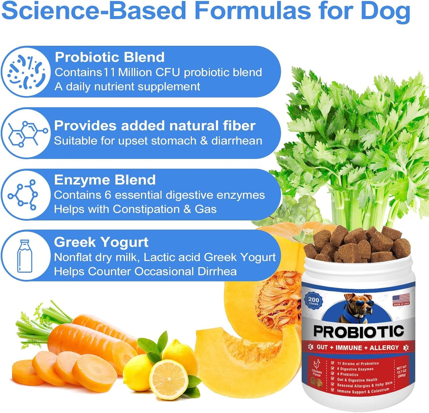 Probiotics for Dogs 200 Chews - Dog Probiotics with 6 Digestive Enzymes,4 Prebiotics,11 Billion CFUs, Colostrum - for Gut Gas Health, Yeast Balance, Skin & Coat, Seasonal Allergies Immune Support