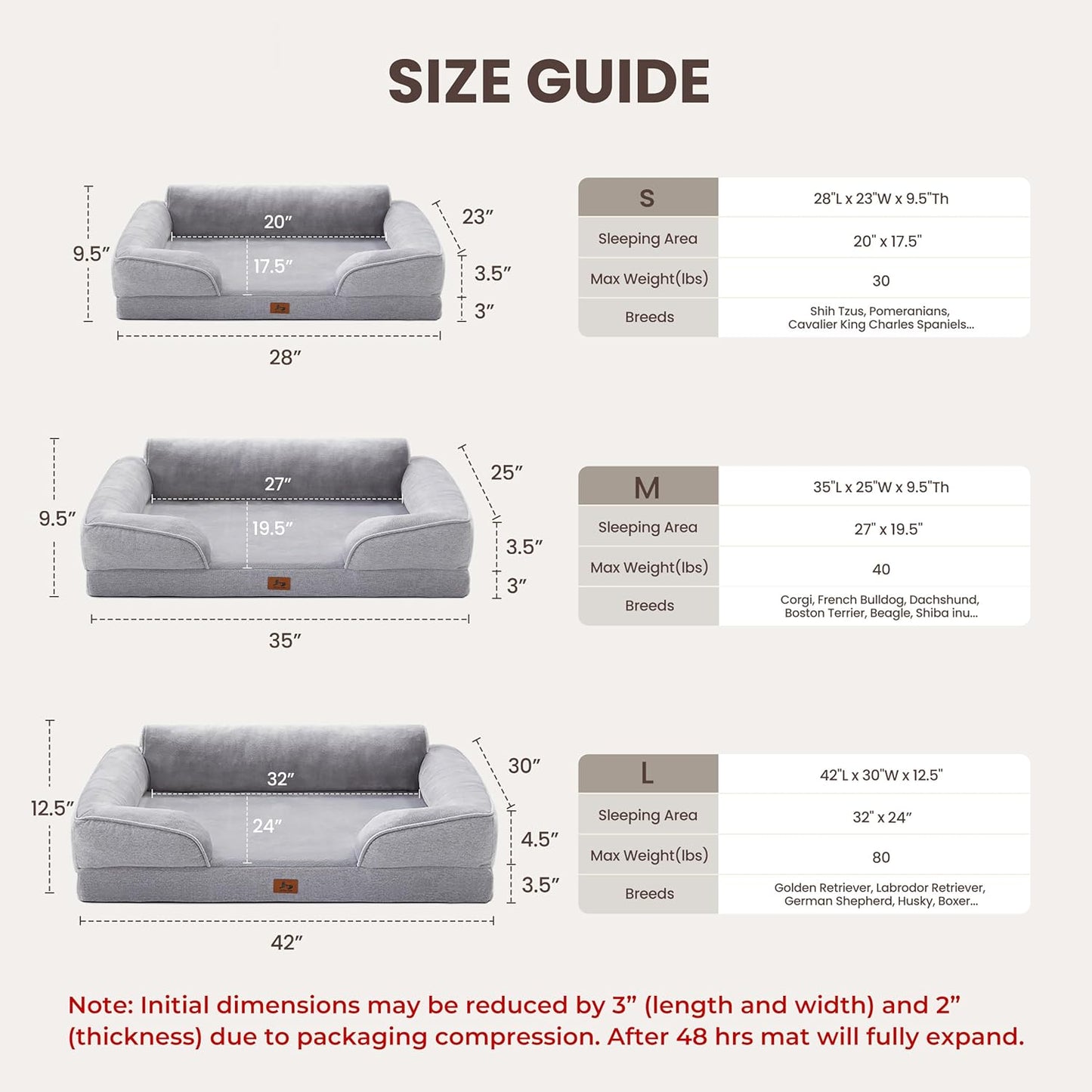 Orthopedic Dog Beds for Large Dogs, Waterproof XL Pet Couch Bed with Soft Sides, Washable Dog Sofa with Flannel Removable Cover, 42" L Supportive Egg-Crate Foam Pet Sofa, Light Grey