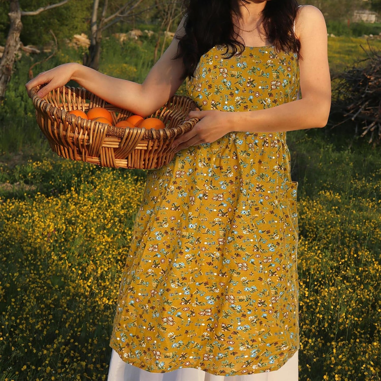 Cityelf Vintage Pinafore Apron Dress Snap Adjust Linen Cotton with Pockets Floral Aprons for Cooking Gardening