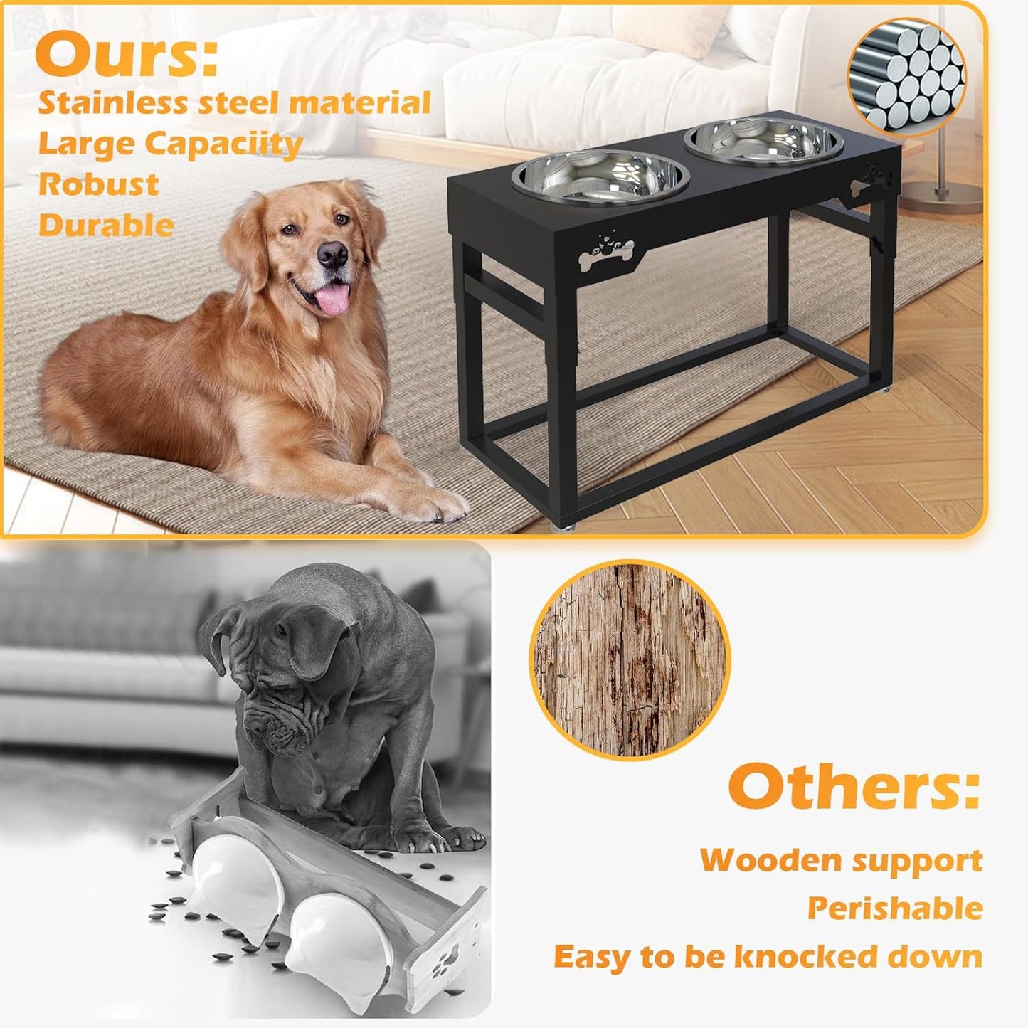 Elevated Dog Bowls Raised Pets Bowl Stand with 2 Large Water Food Bowls Wooden Elevated Raised Dog Bowls for Larger Medium Small Sized Dogs (Black Metal, Large 4L)