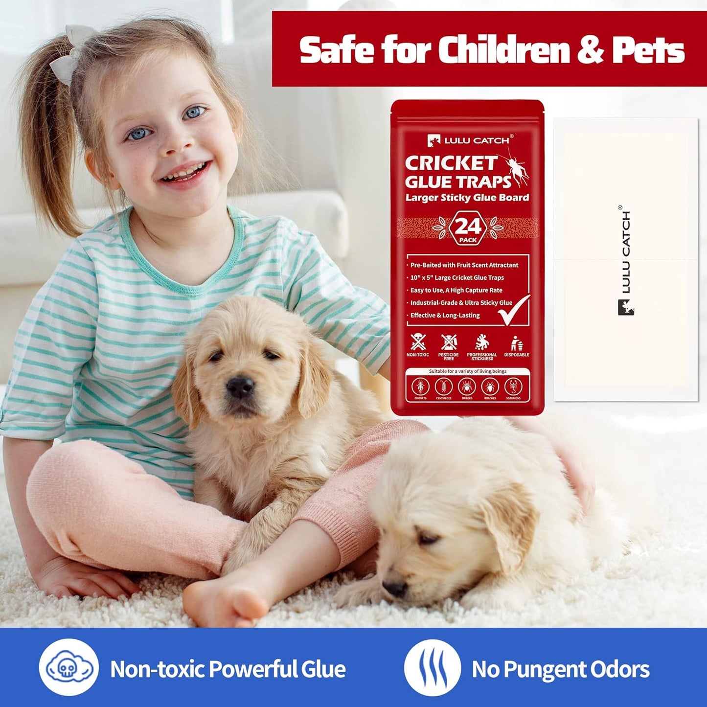LULUCATCH Cricket & Insect Glue Traps 24 Pack, Adhesive Bug Catcher, Pre-Baited Spider Scorpion Trap, Non-Toxic Glue Boards Indoor for Home Catching Bugs, Mice & Rodents, Pet Safe Pest Control