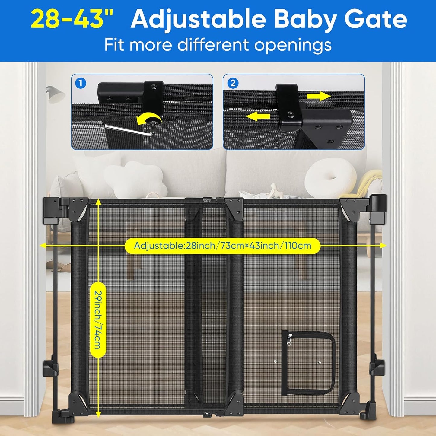 Upgraded 28-43" No Bottom Bar Baby Gate,Heavy-Duty Hardware Mount Dog Gate with Cat Door, Adjustable Baby Gate,for House/Stairs/Doorways Use, Safety Pet Gates, Walk Thru Door