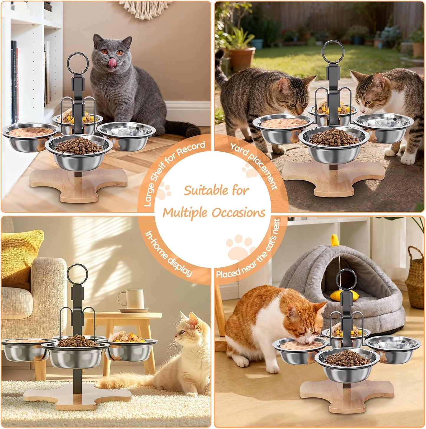 Adjustable Elevated Cat Bowls with Stand, 3 Height Raised Food & Water Bowl Set for Indoor Cats, 4 Stainless Steel Tilted Pet Dishes for Small Dogs, Non-Slip Feeding Station with Anti-Spill Design
