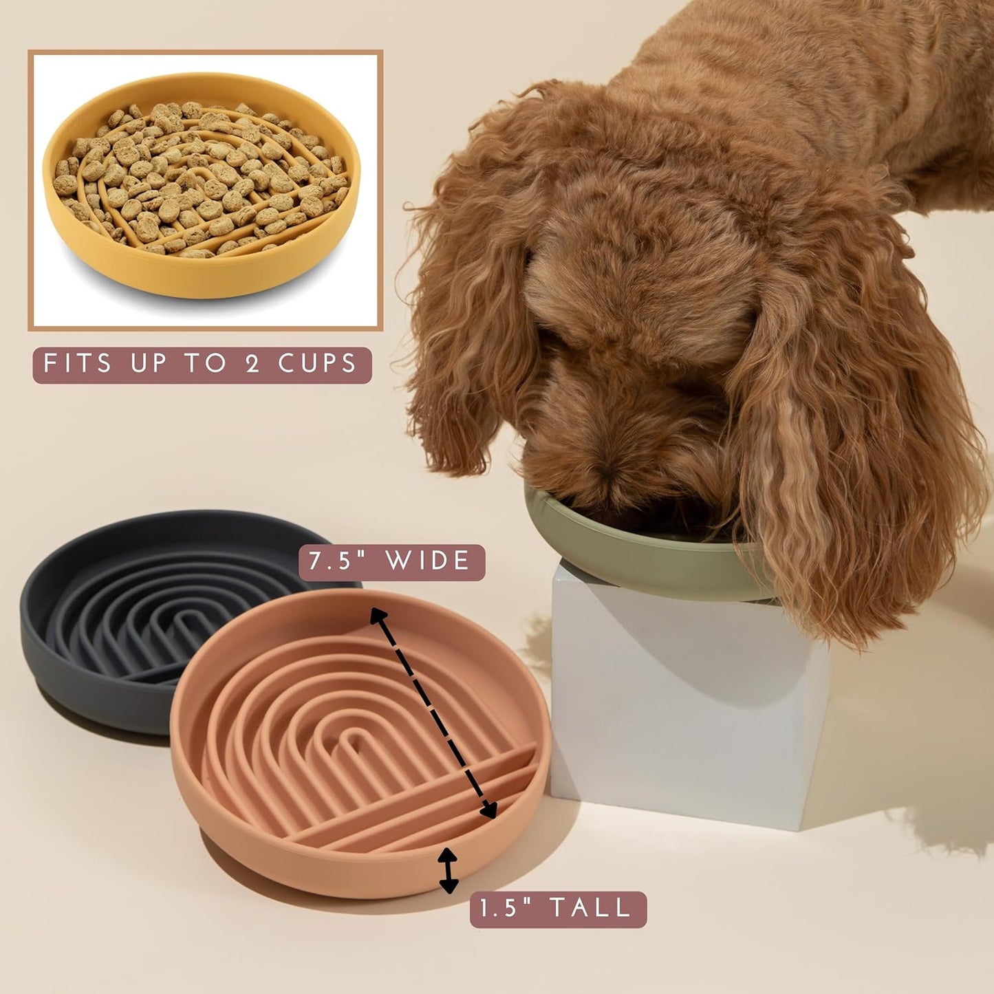 Should We Go? Slow Feeder for Dogs & Puppies, The Slowdown Bowl Silicone Slow Eating, Modern Lick Mat Design, Reduces Gulping, Fits 2 Cups, 7.5” Across x 1.5” Tall, Mealtime Challenge, Medium-Sand