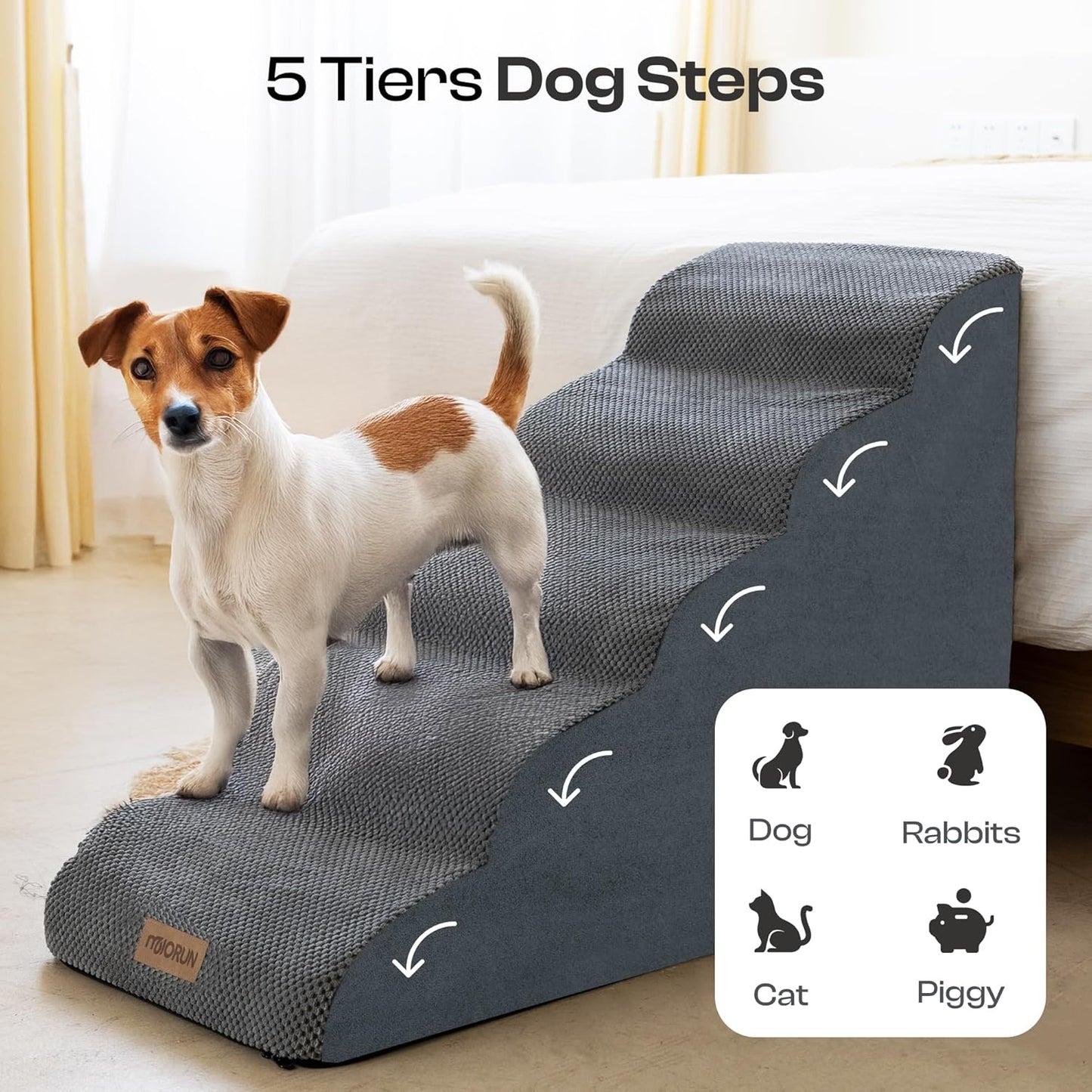 Dog Stairs for High Beds Up to 26", Extra-Tall 24.5" 5-Step Foam Pet Ramp with Washable Cover, Gentle Slope Steps, Bed & Couch Ladder for Small Medium Dogs & Senior Cat, Puppy Climbing Stairs